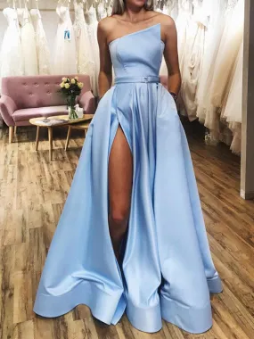 Blue A-line Satin Simple Modest Party Elegant Long Prom Dresses with Slit PD315