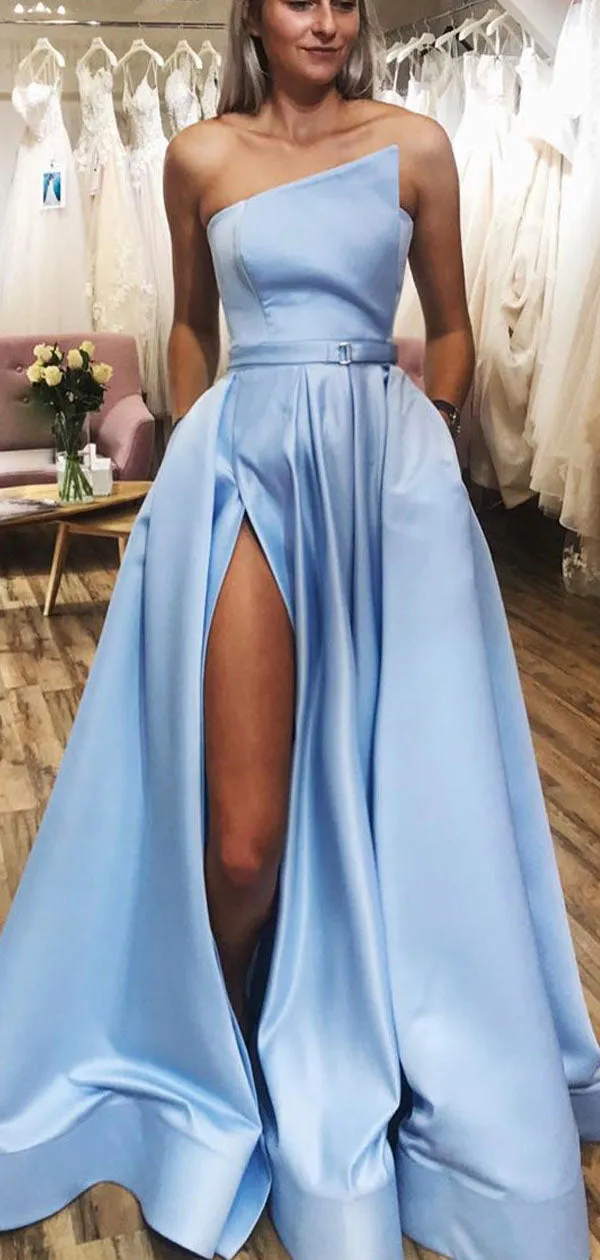 Blue A-line Satin Simple Modest Party Elegant Long Prom Dresses with Slit PD315