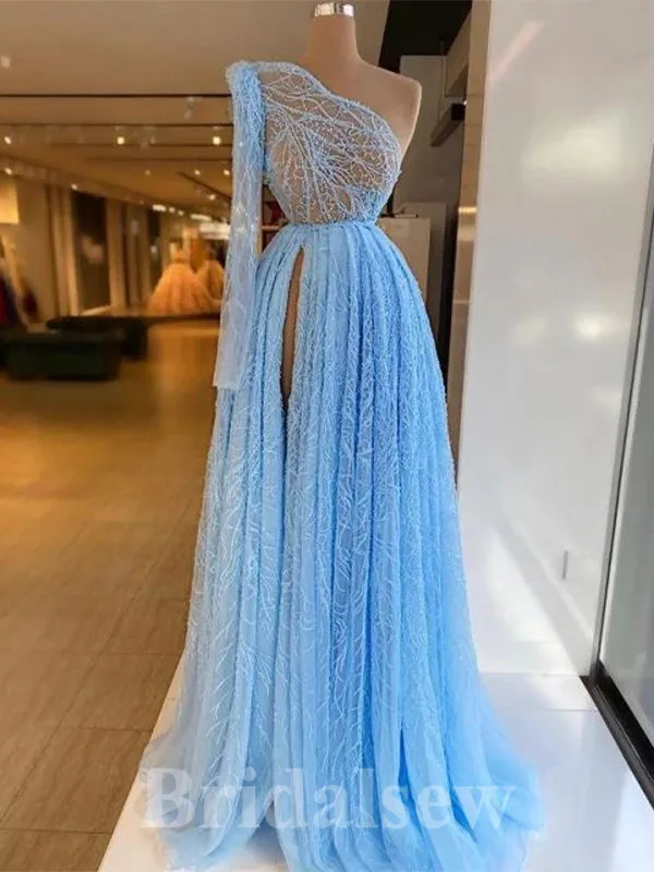 Blue Sequin Sparkly One Shoulder High Slit Modest Long Women Evening Prom Dresses PD866