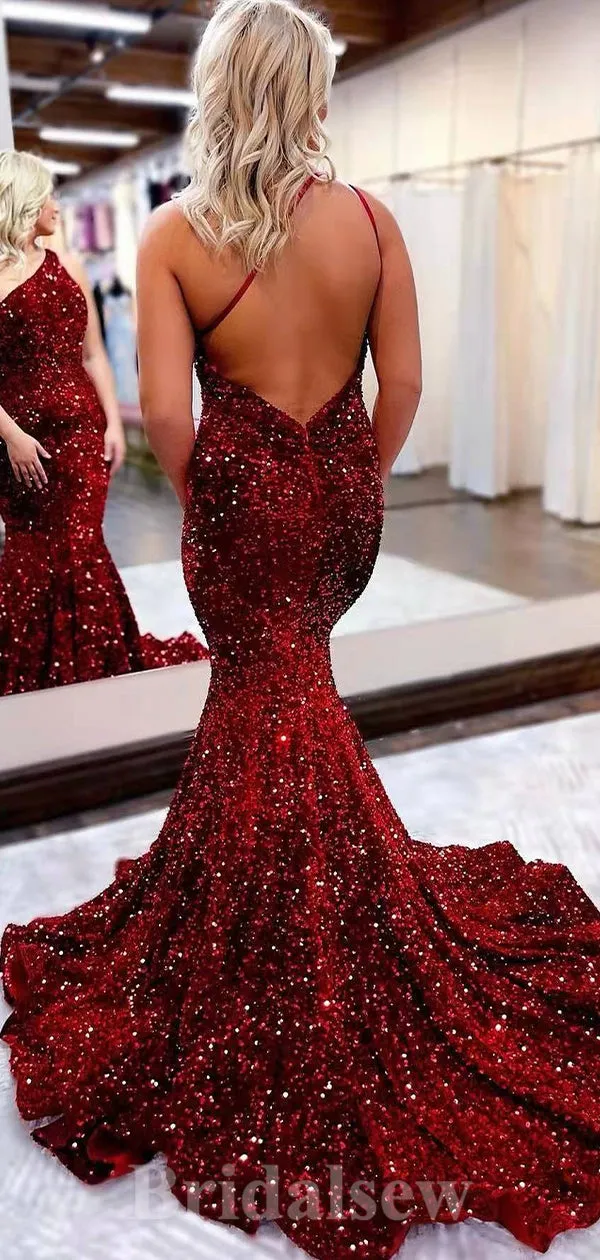 Burgundy Royal Blue Black Sequin Glitter Long Mermaid Sparkly One Shoulder Evening Prom Dresses PD930