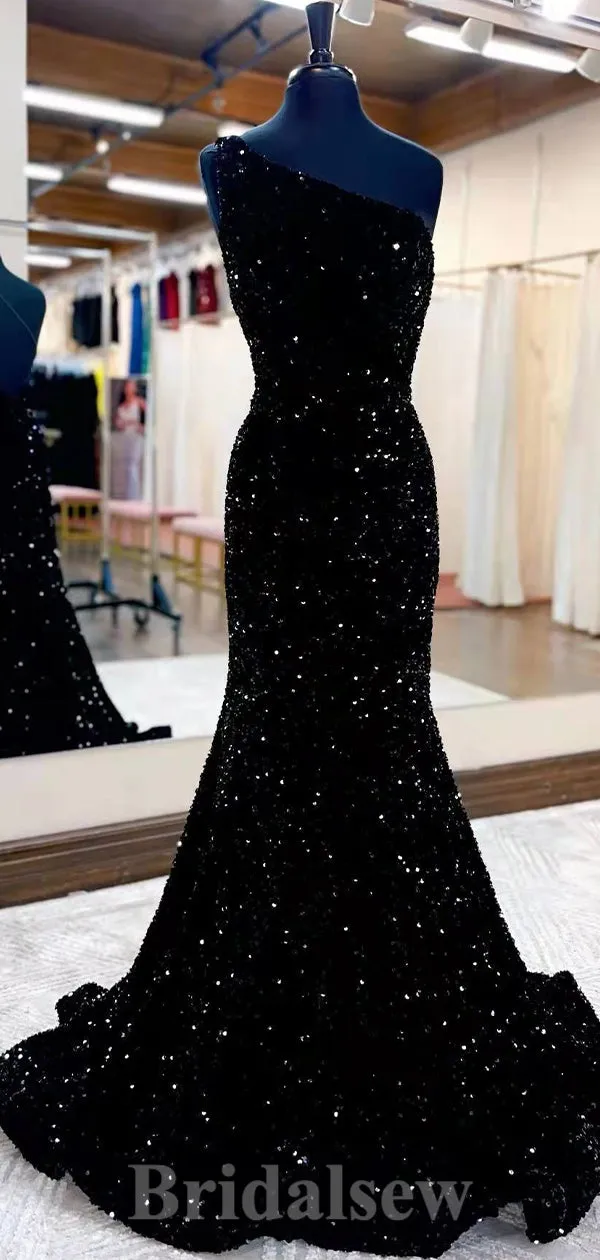 Burgundy Royal Blue Black Sequin Glitter Long Mermaid Sparkly One Shoulder Evening Prom Dresses PD930