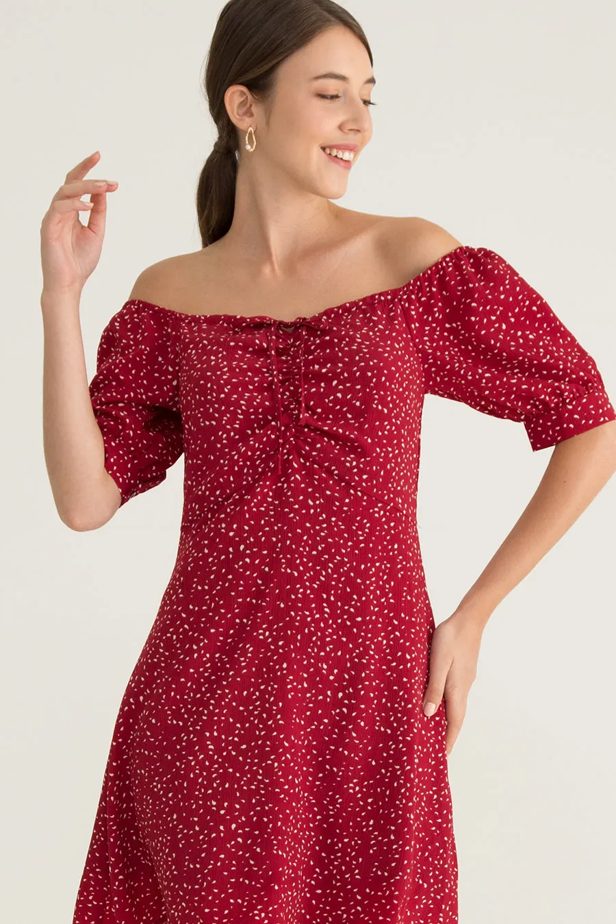 Celia Front Ruched Printed Dress in Red