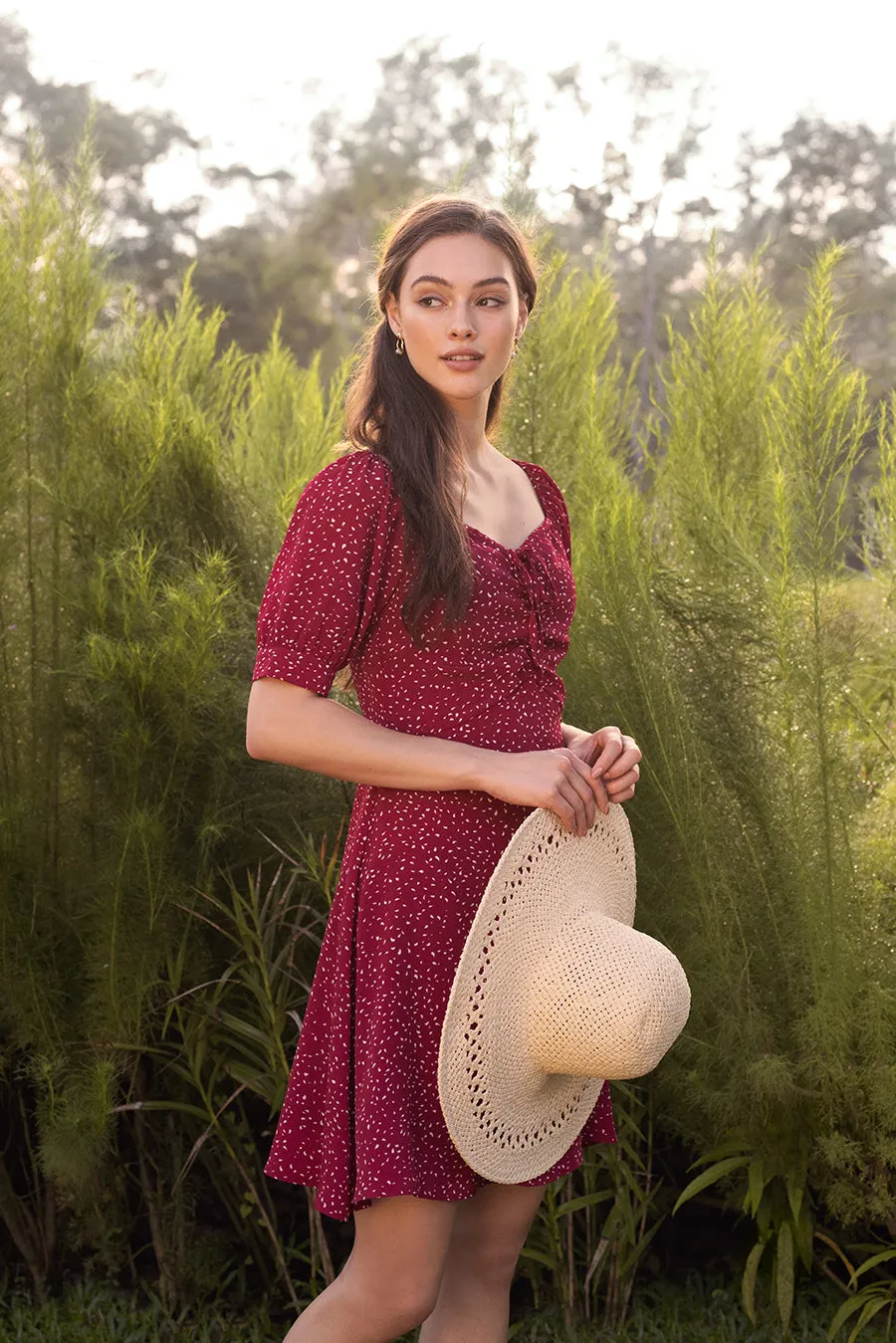 Celia Front Ruched Printed Dress in Red