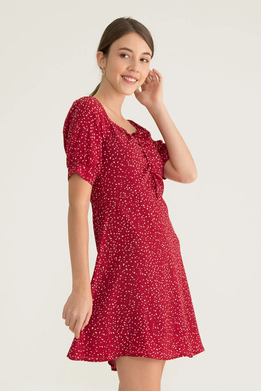 Celia Front Ruched Printed Dress in Red