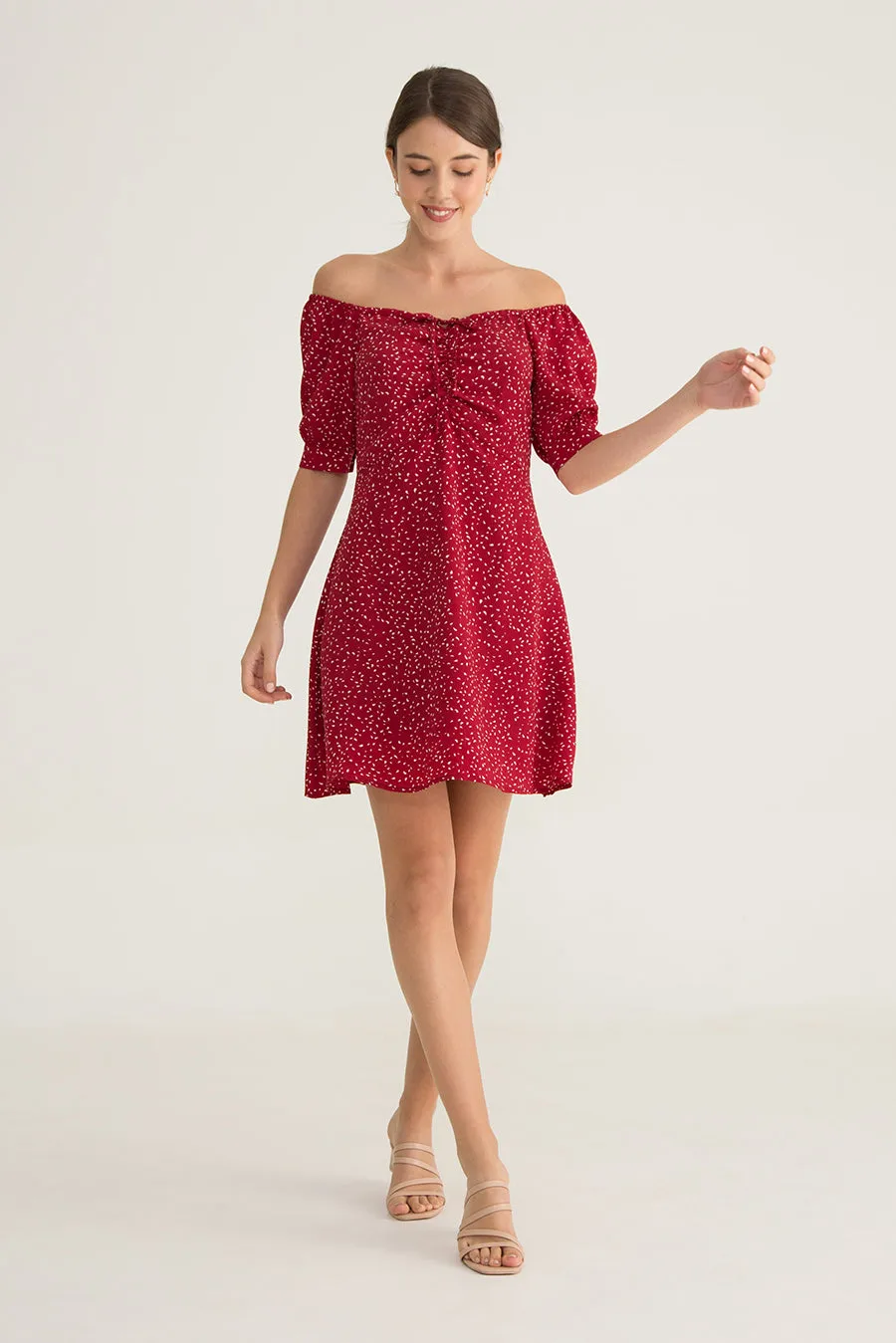 Celia Front Ruched Printed Dress in Red