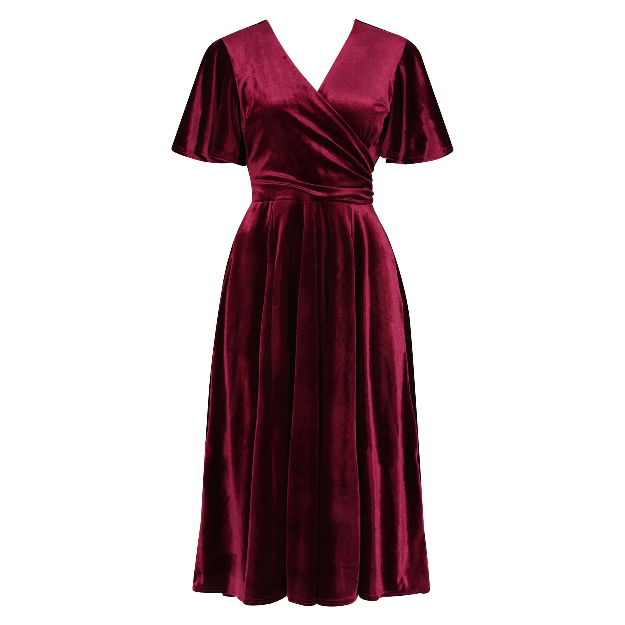 Claret Red Velour Waterfall Sleeve Crossover Wrap Effect Swing Dress