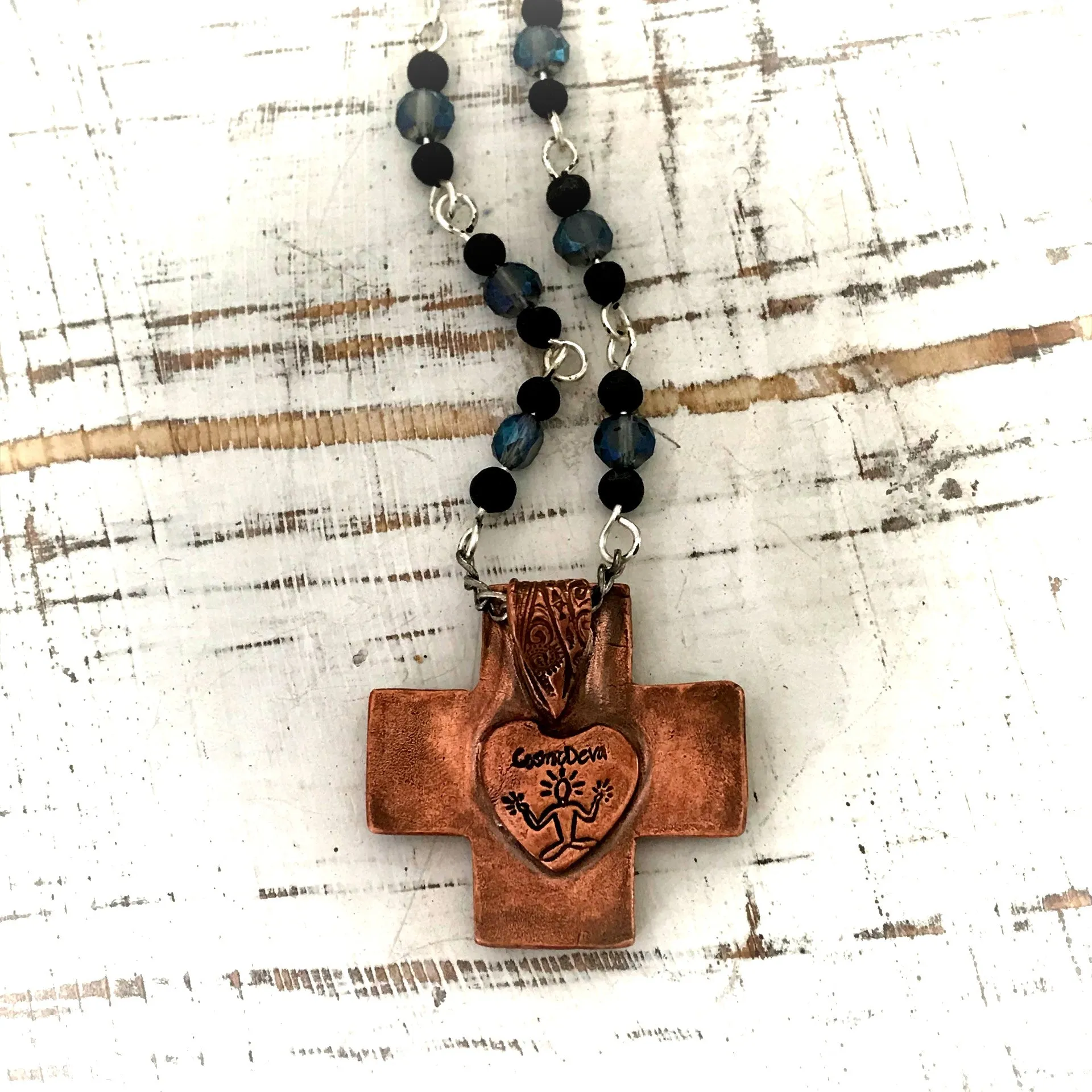 Copper Cross Rosary Necklace, Boho Faith Jewelry , Copper Necklace