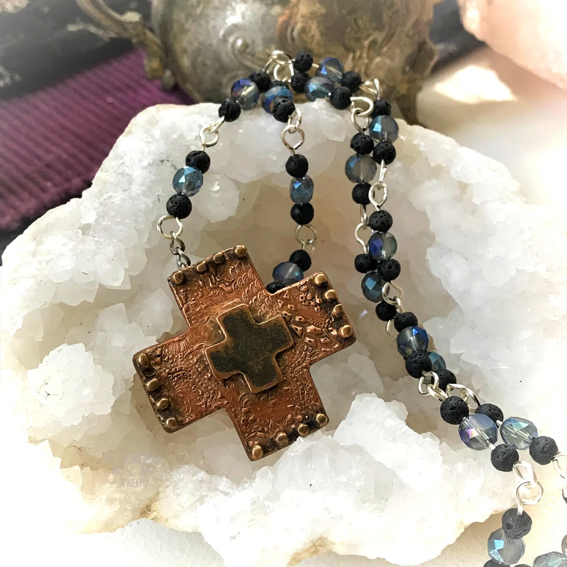 Copper Cross Rosary Necklace, Boho Faith Jewelry , Copper Necklace