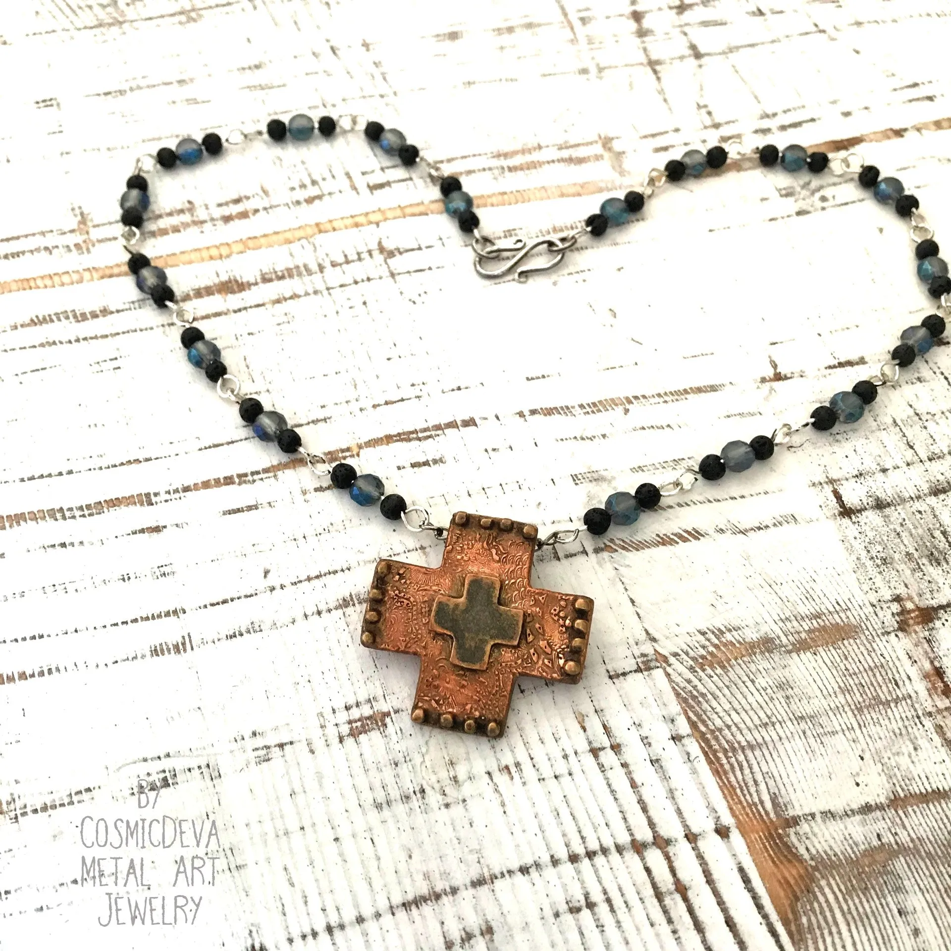 Copper Cross Rosary Necklace, Boho Faith Jewelry , Copper Necklace