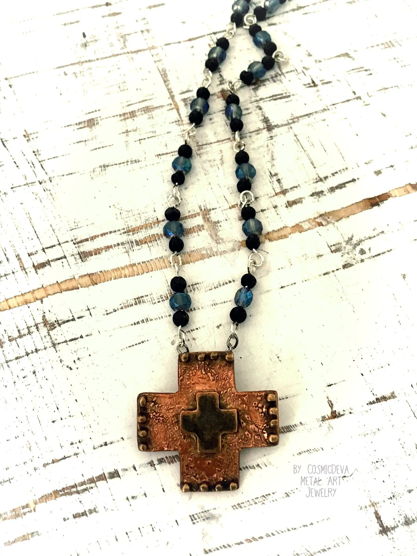 Copper Cross Rosary Necklace, Boho Faith Jewelry , Copper Necklace