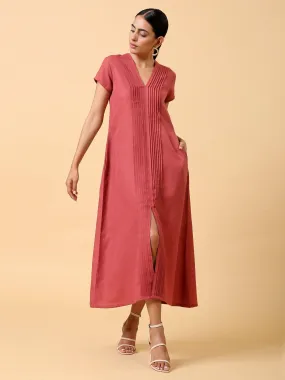 Cotton Linen Rust Red Pleated Dress