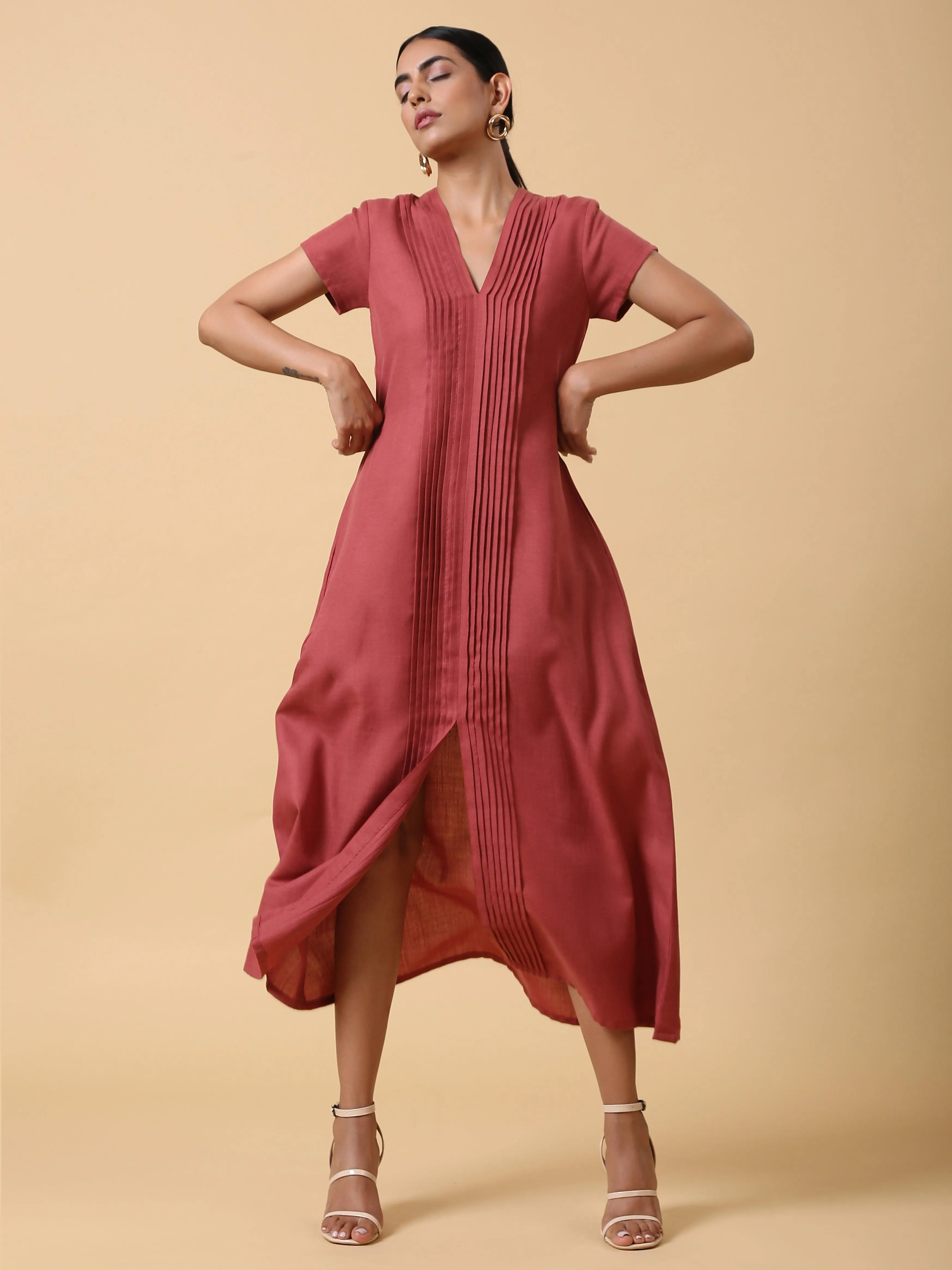 Cotton Linen Rust Red Pleated Dress