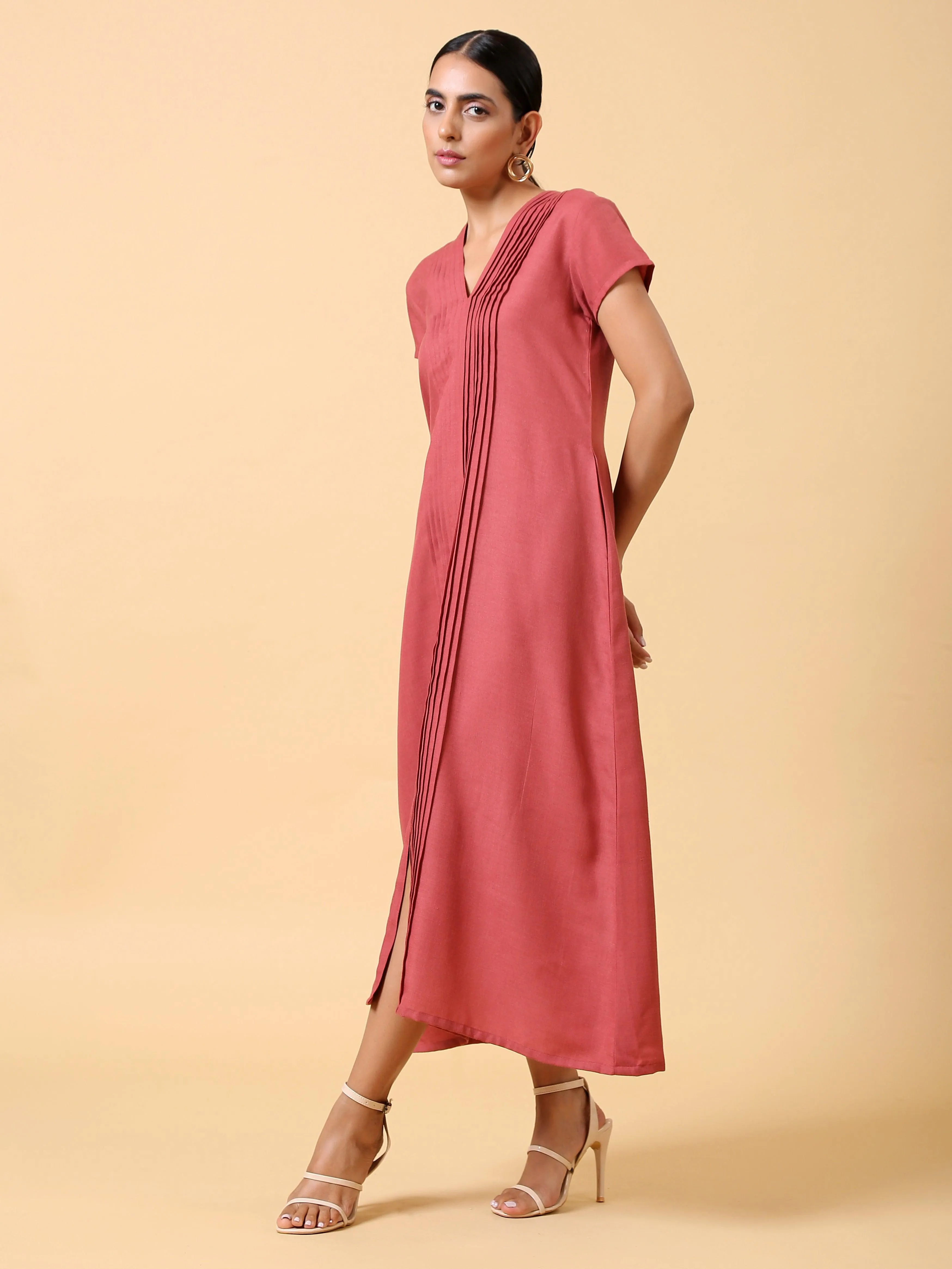 Cotton Linen Rust Red Pleated Dress