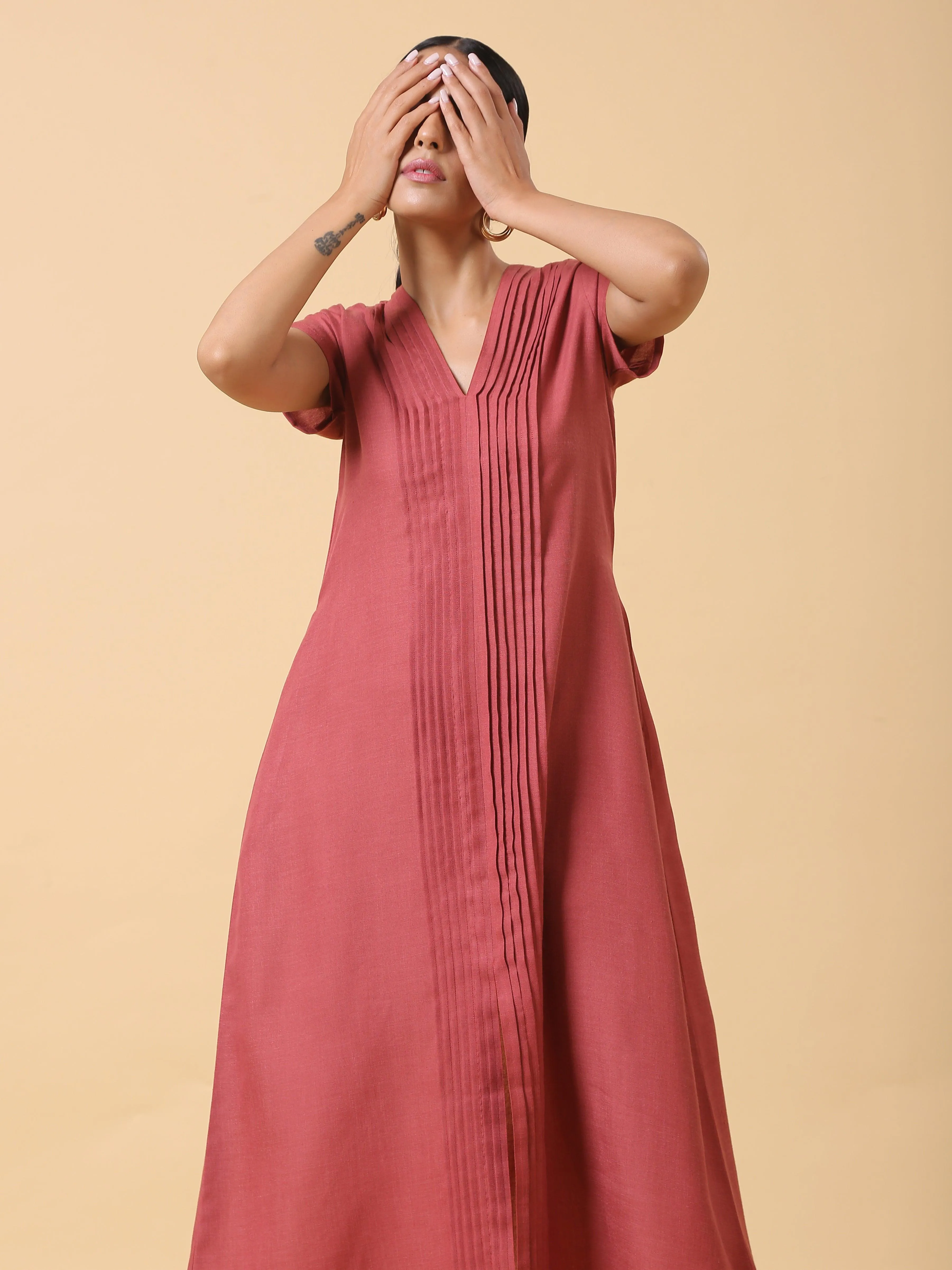 Cotton Linen Rust Red Pleated Dress