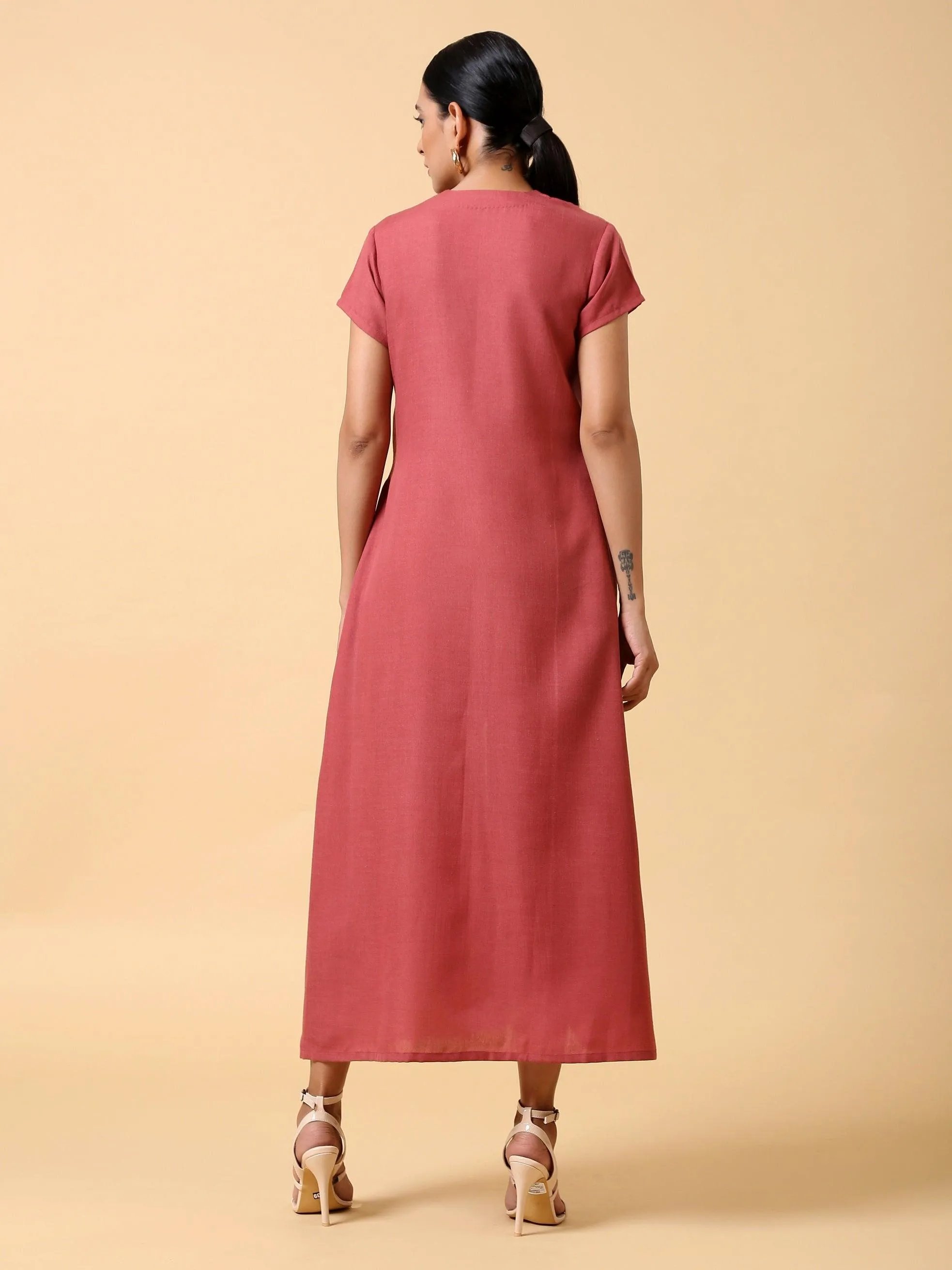 Cotton Linen Rust Red Pleated Dress