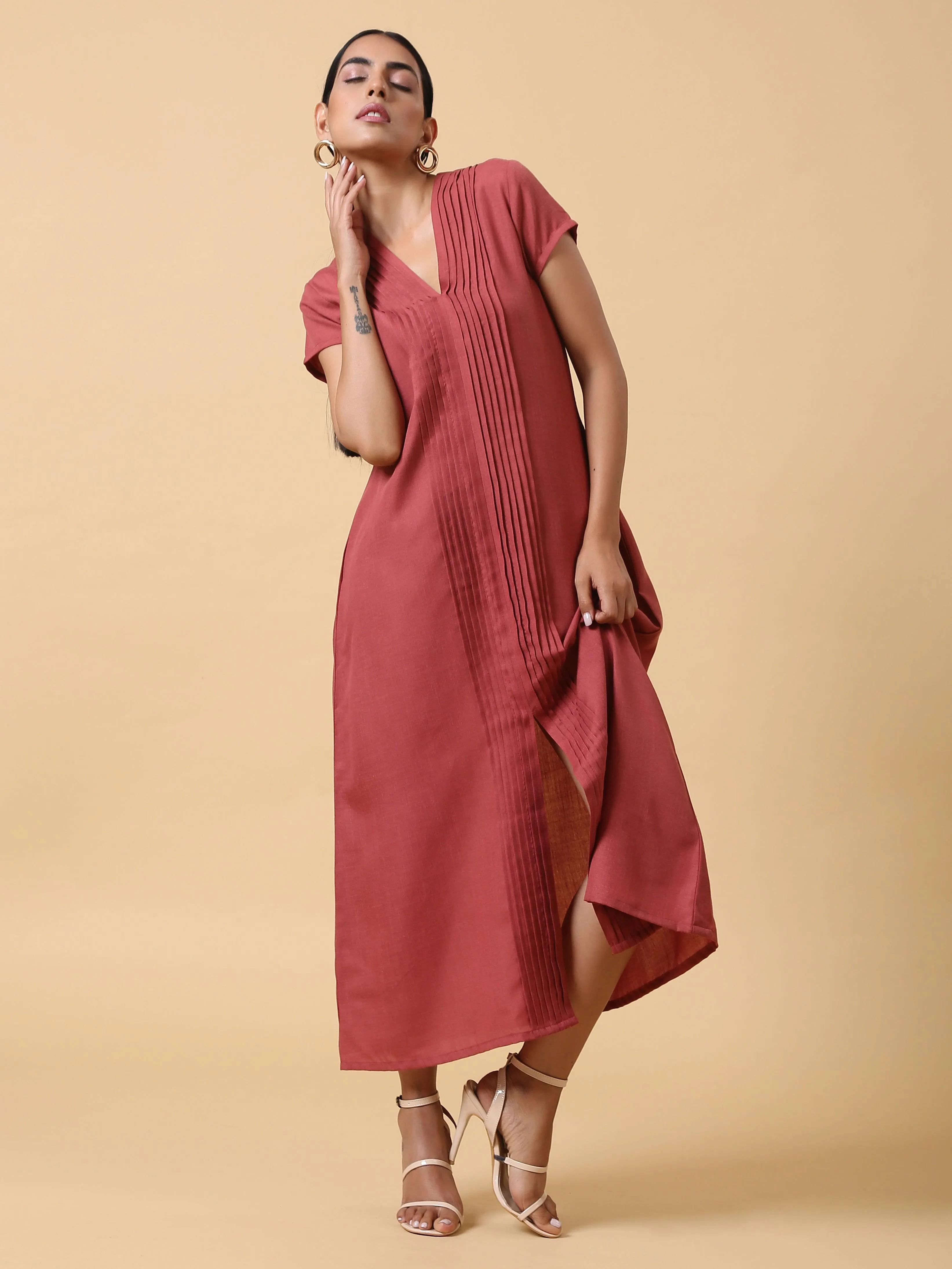 Cotton Linen Rust Red Pleated Dress