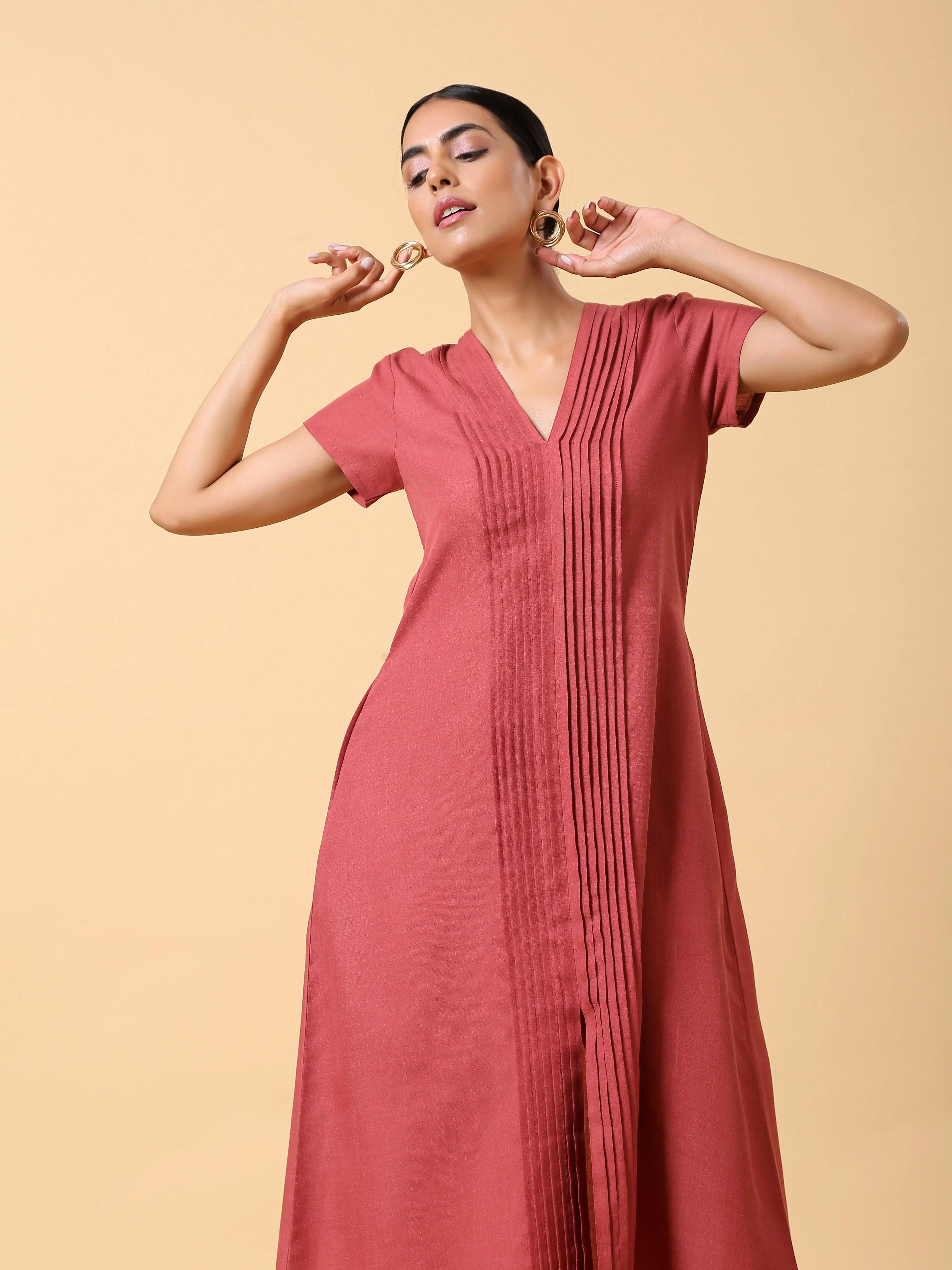 Cotton Linen Rust Red Pleated Dress