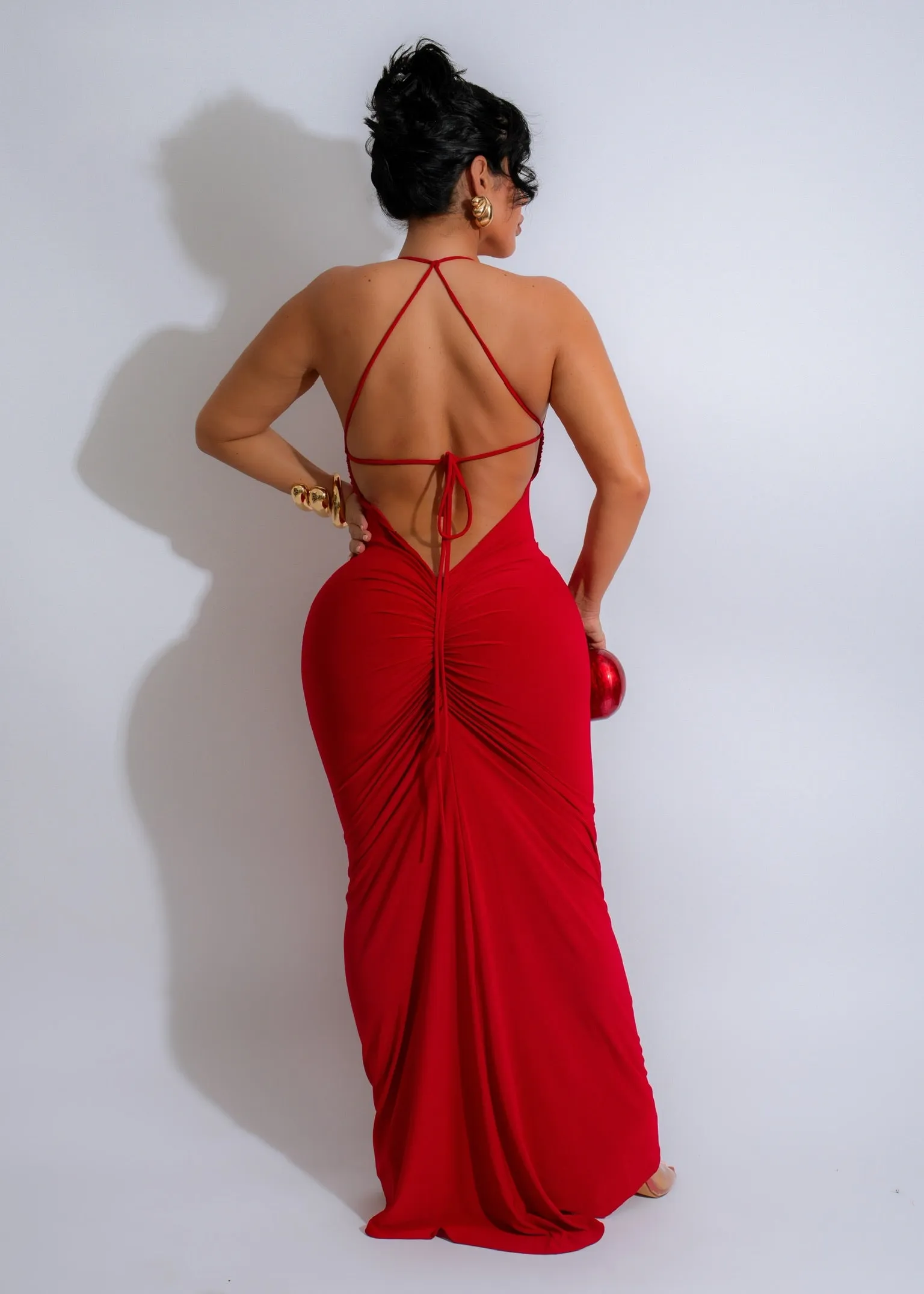 Crimson Desire Draped  Ruched Maxi Dress Red