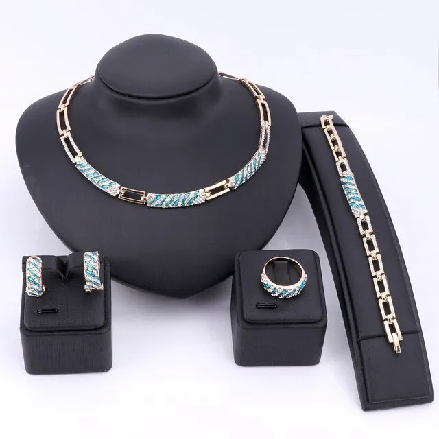 Cubic Zirconia and Crystal Enamel Necklace, Bracelet, Earrings & Ring Jewelry Set