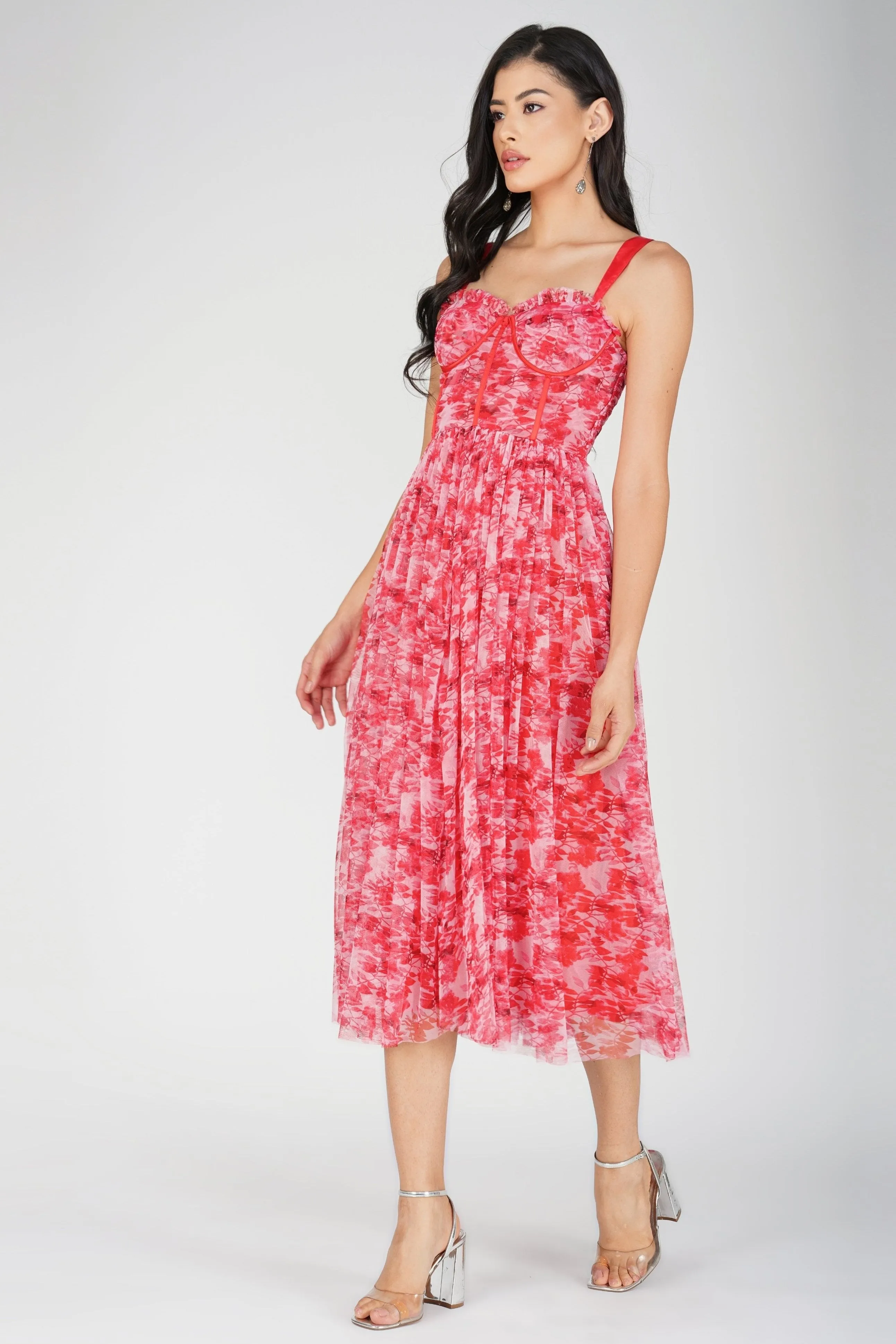 Dane Red Printed Corset Midi Dress