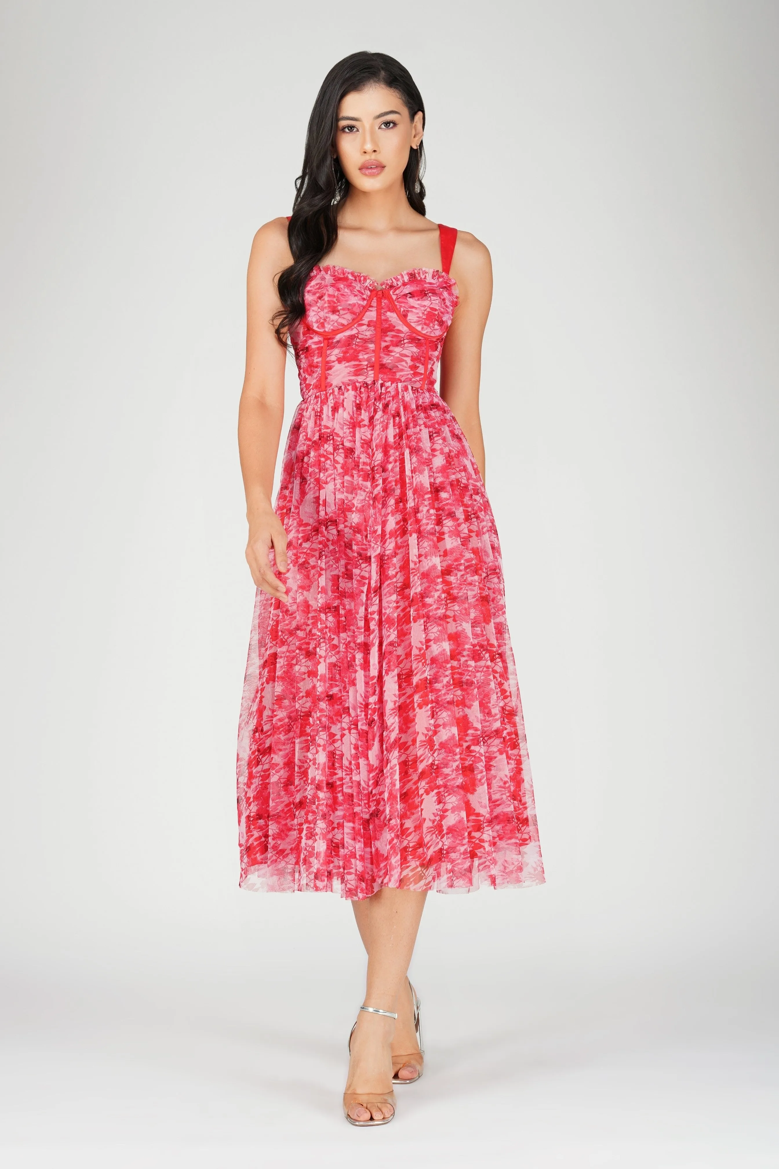 Dane Red Printed Corset Midi Dress