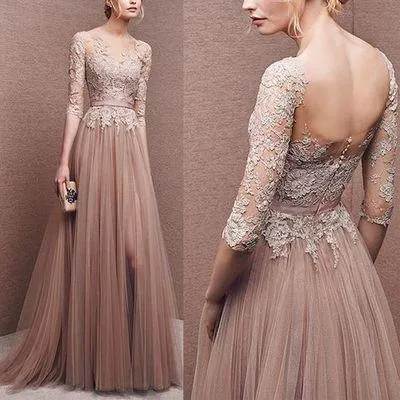 Elegant long lace long sleeve prom dress a line prom dress charming affordable prom dress