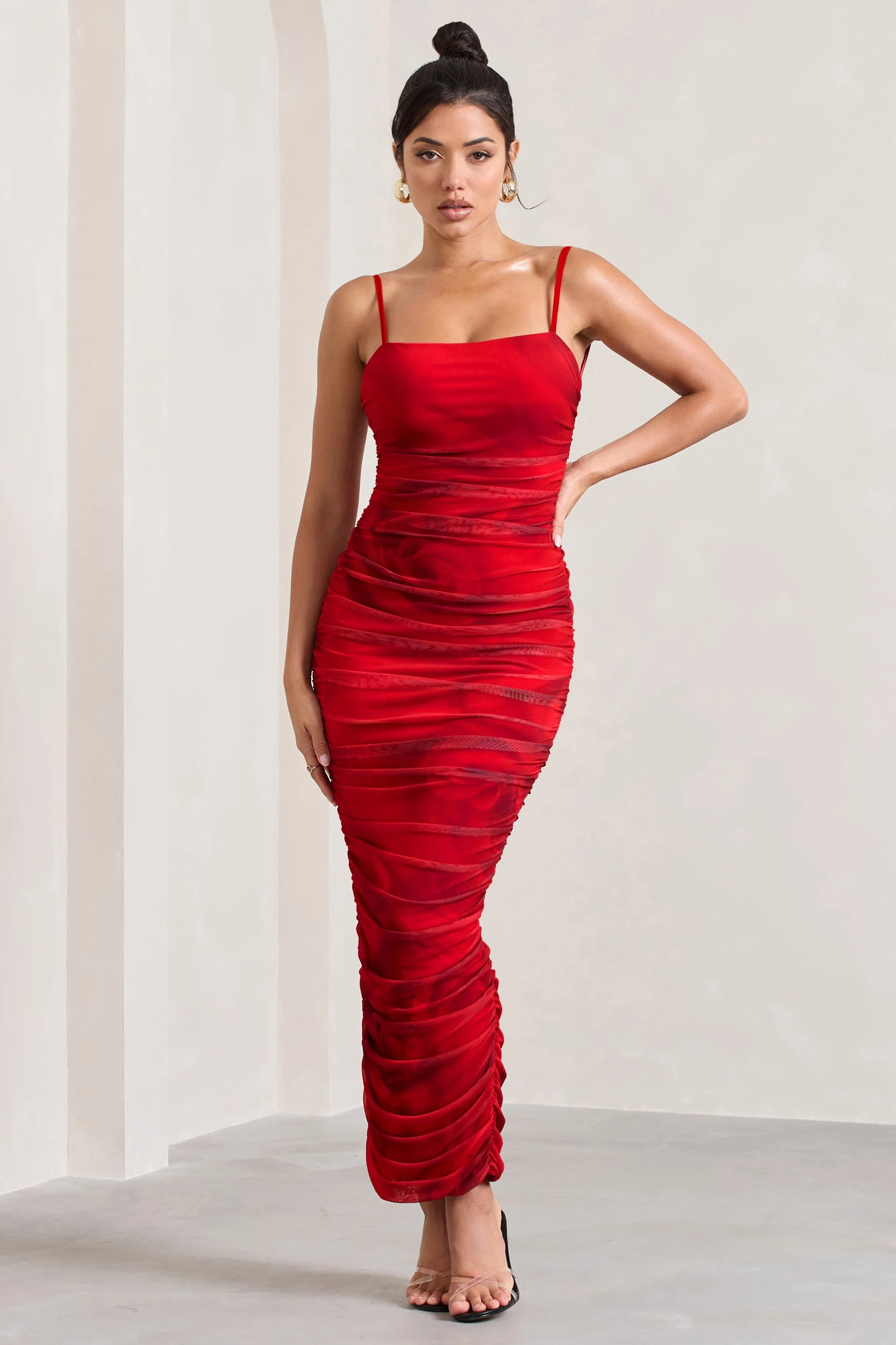 Ellis | Red Rose Printed Ruched Mesh Strappy Bodycon Maxi Dress