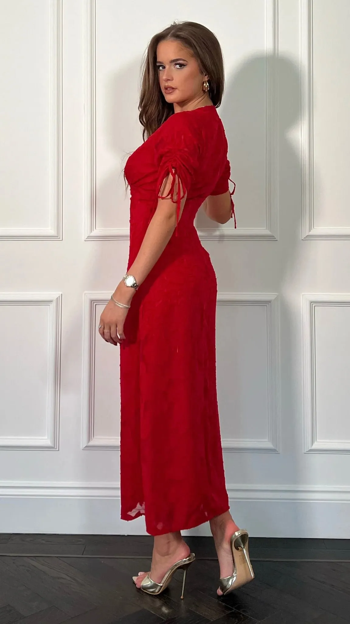 Emiliana Burnout Red Tie Sleeve Midi Dress