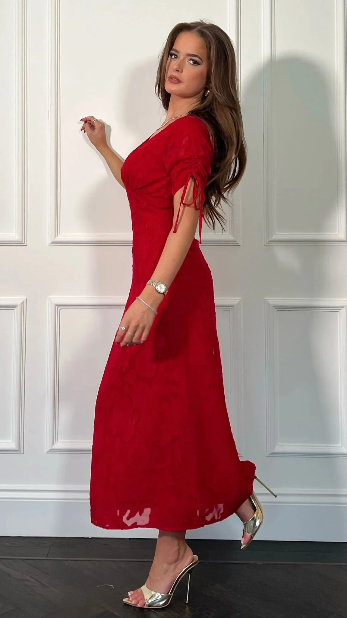 Emiliana Burnout Red Tie Sleeve Midi Dress