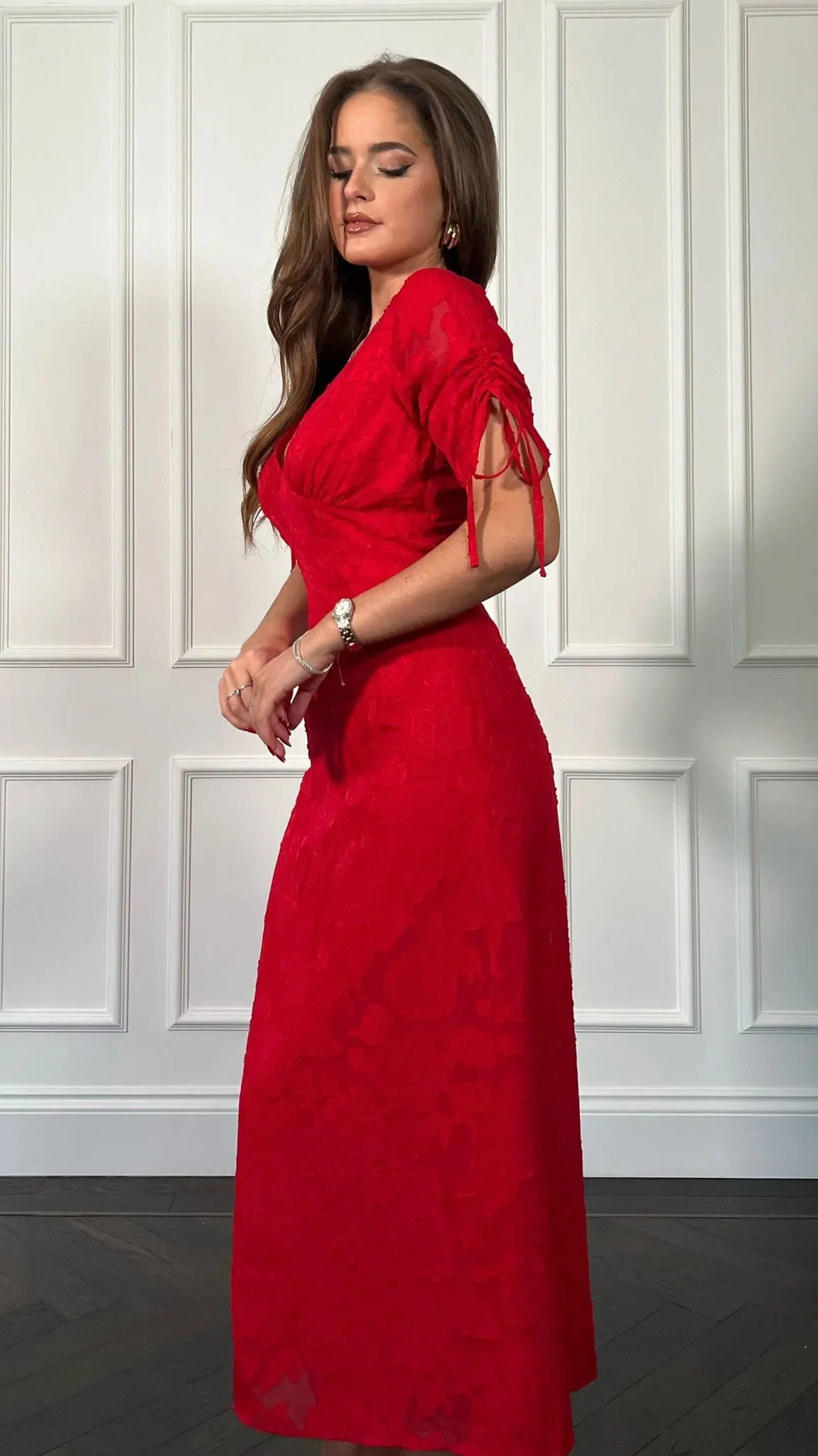 Emiliana Burnout Red Tie Sleeve Midi Dress