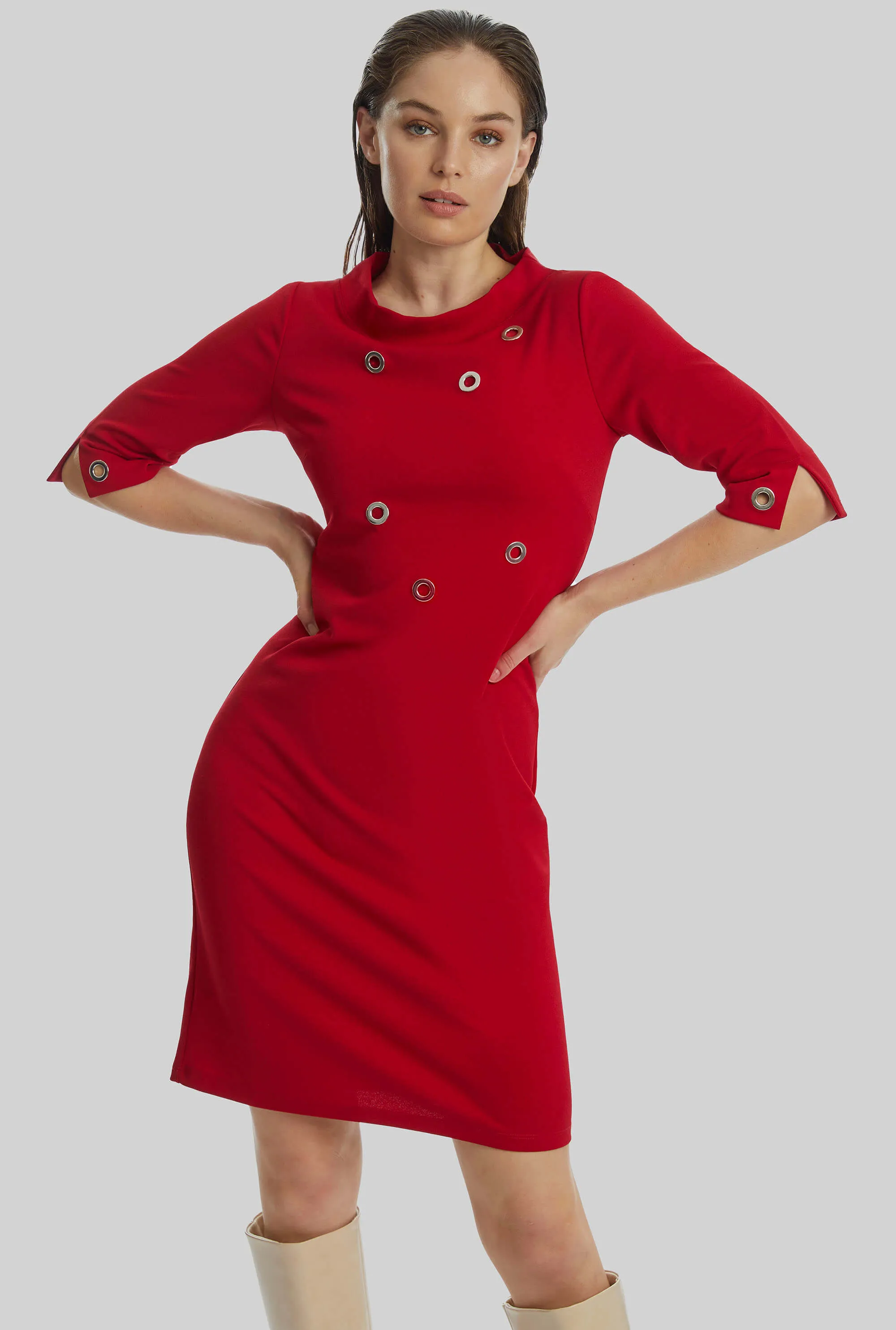 Eyelet High Collar Dress Red