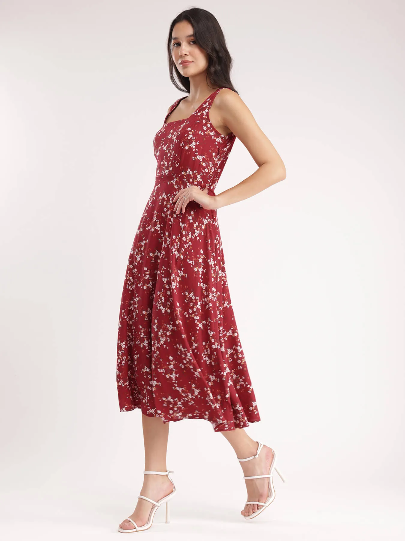 Floral Fit And Flare Dress - Red