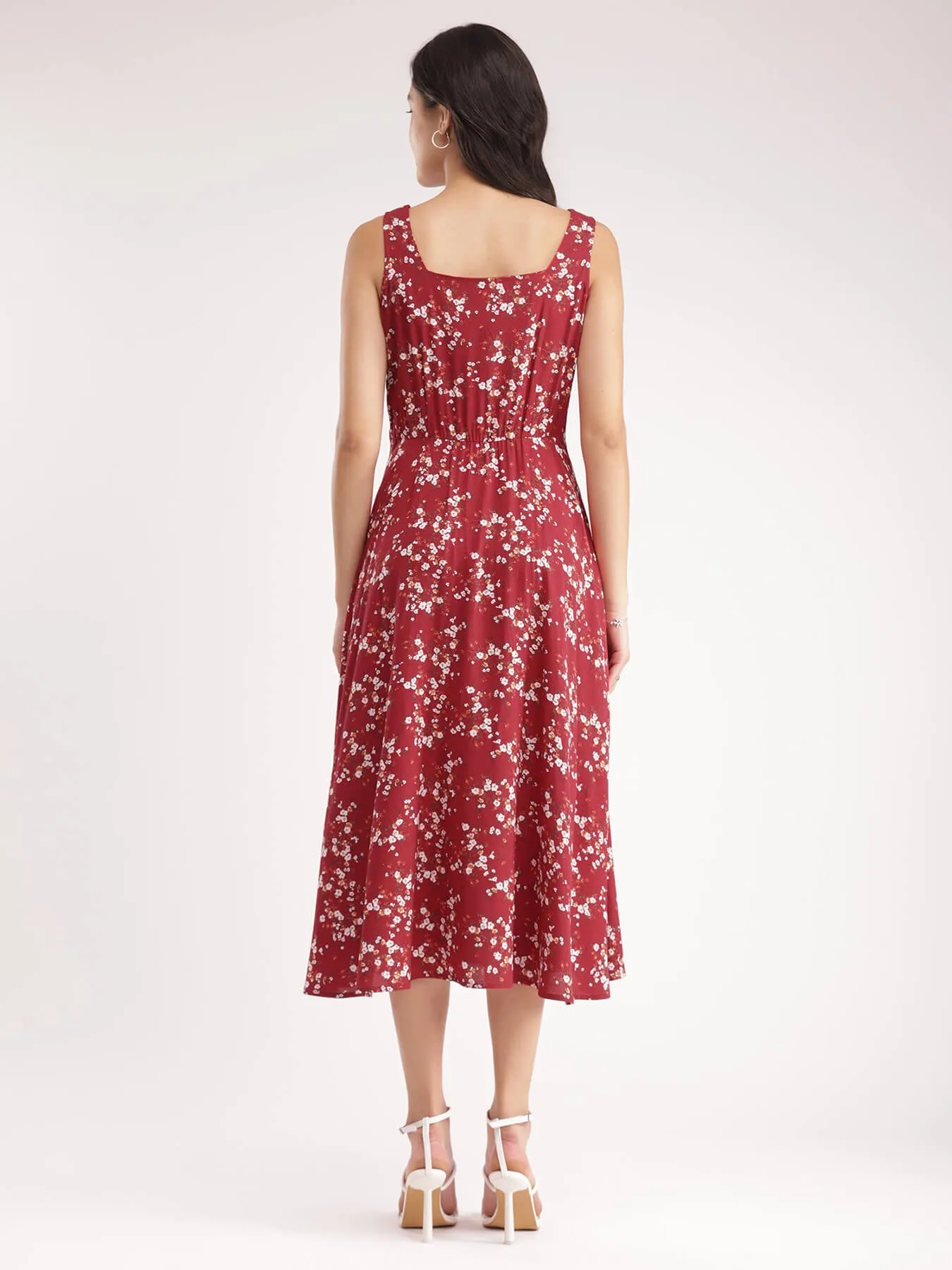 Floral Fit And Flare Dress - Red