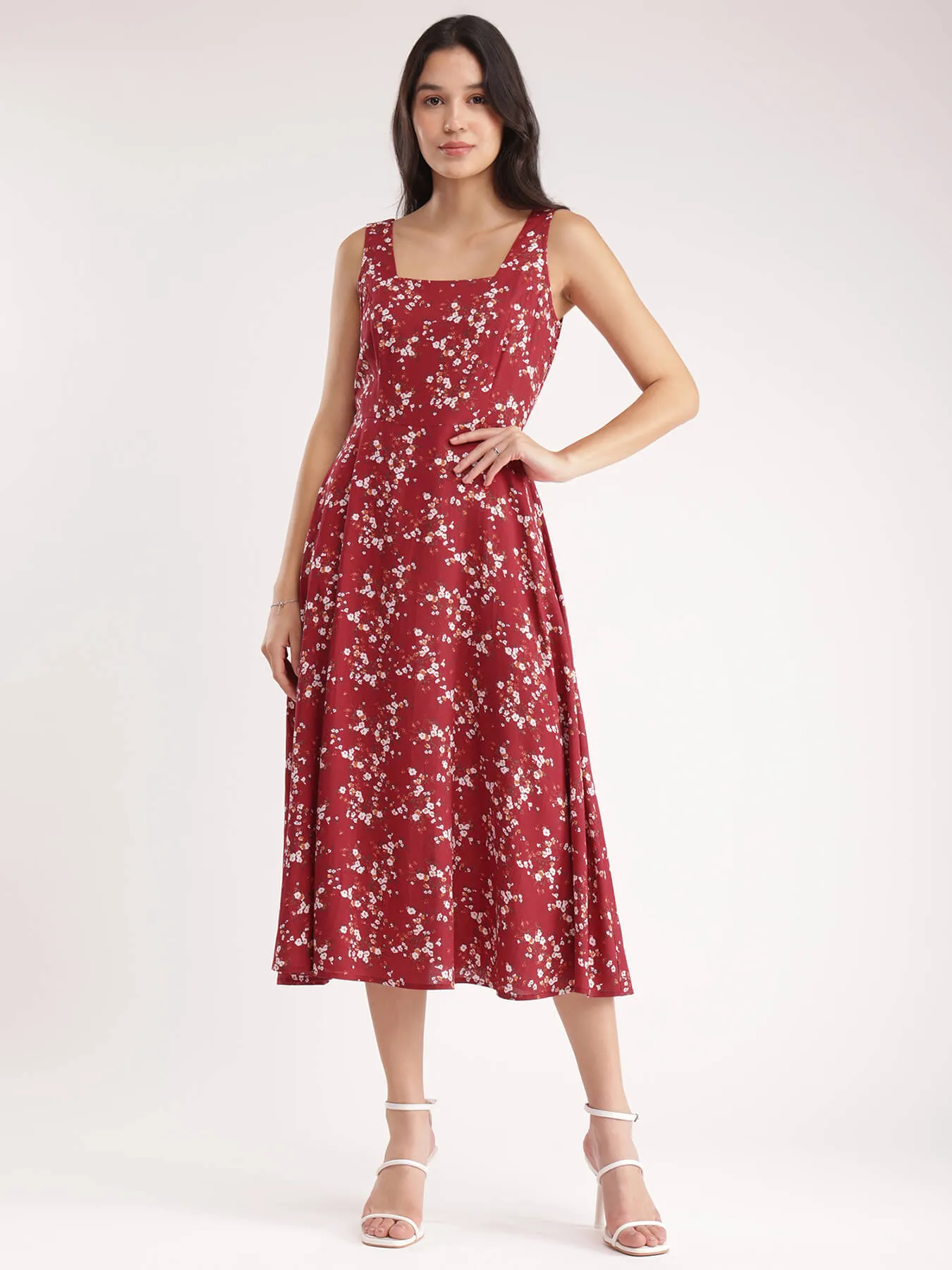 Floral Fit And Flare Dress - Red