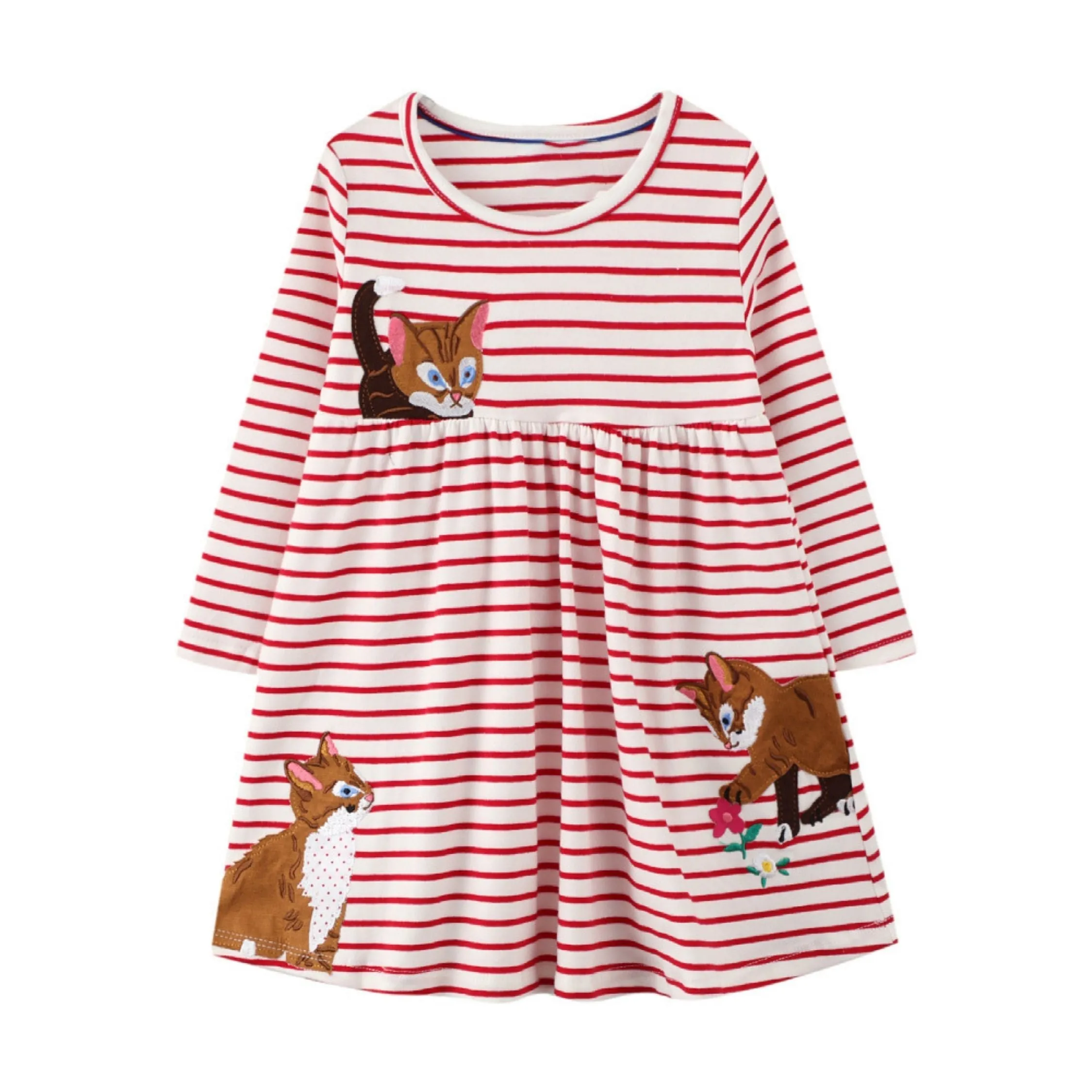 Full Sleeve Cute Cats Theme Red Striped Girls Dress, Pink