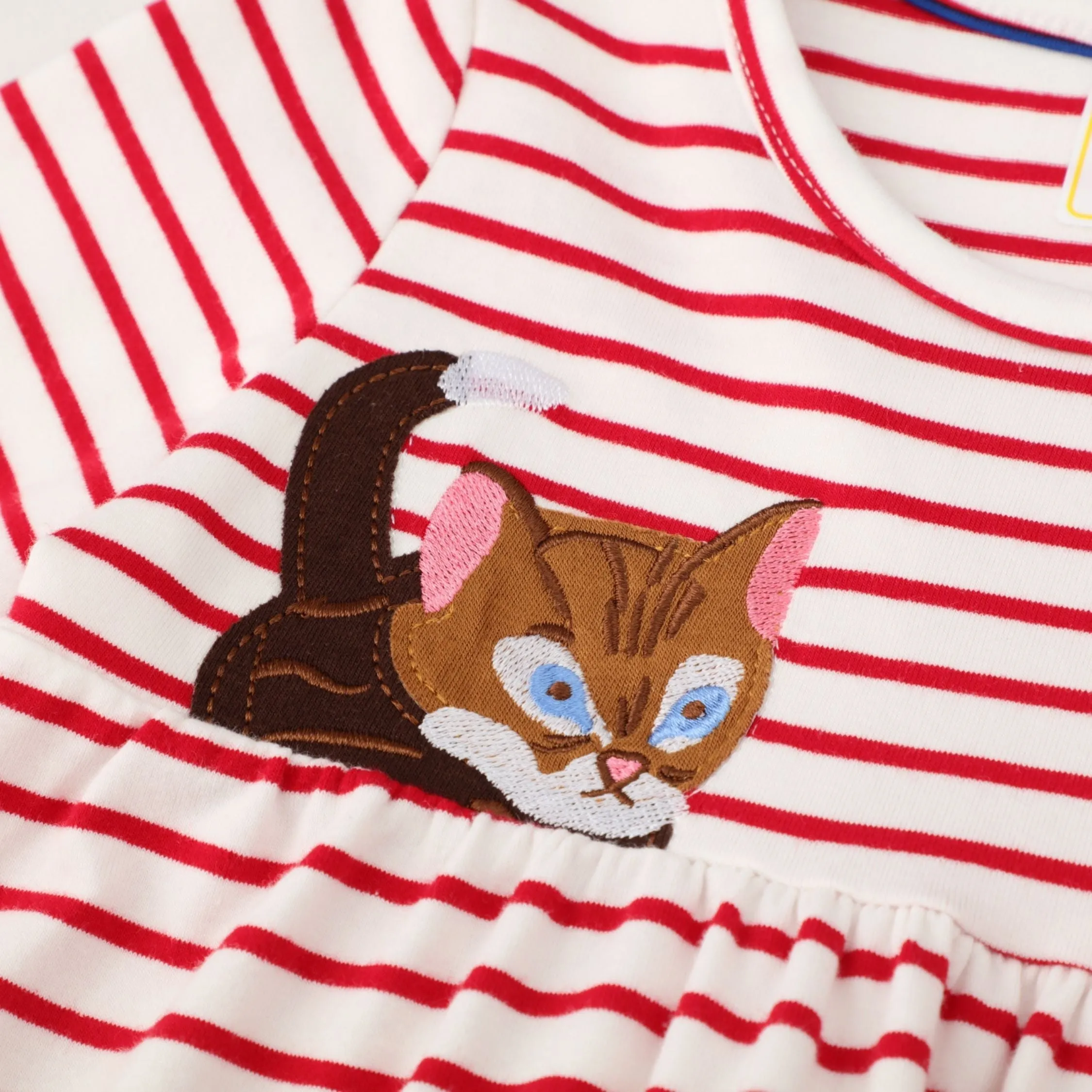 Full Sleeve Cute Cats Theme Red Striped Girls Dress, Pink