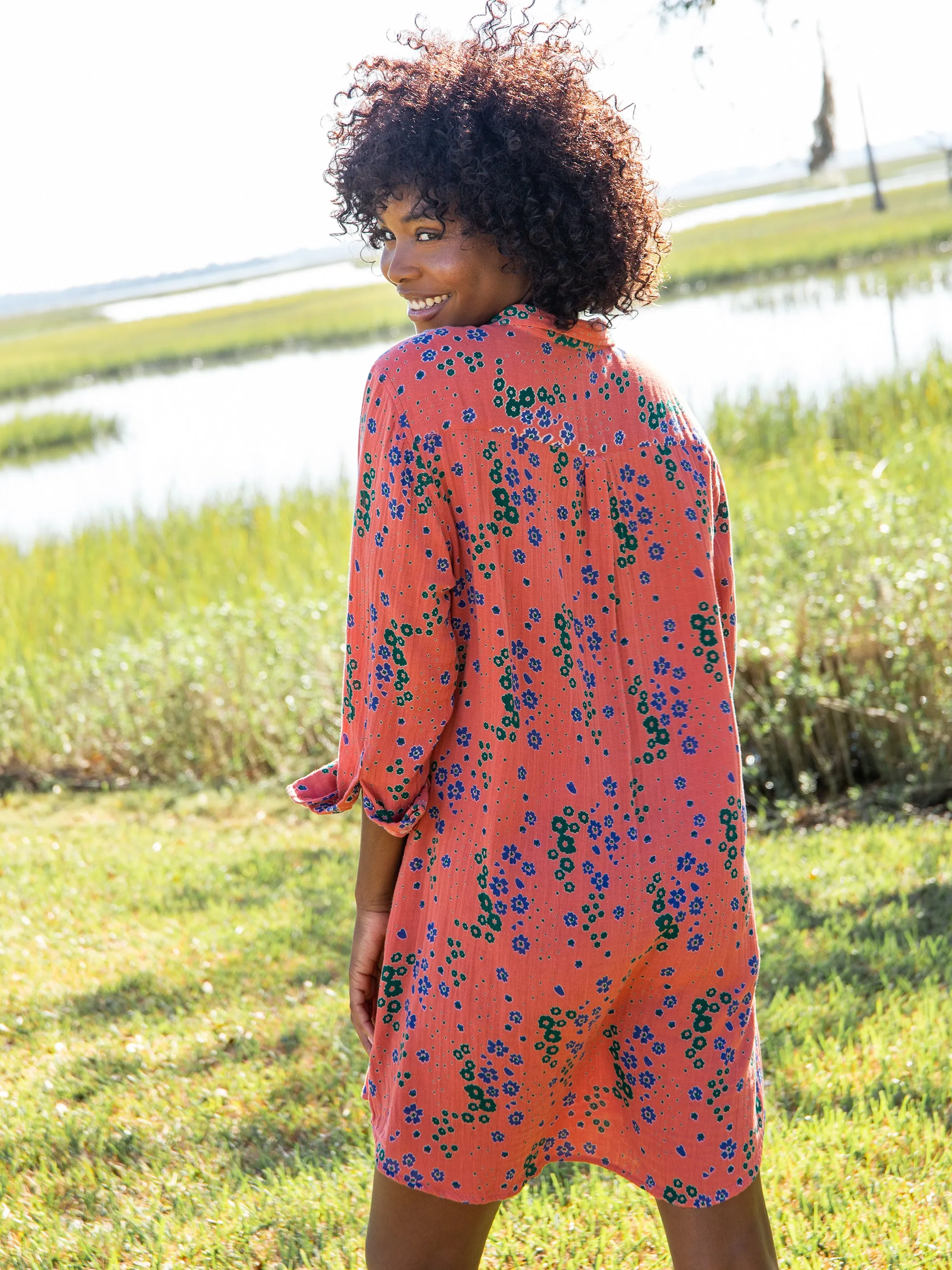 Georgia Cotton Gauze Shirt Dress - Red Green Floral