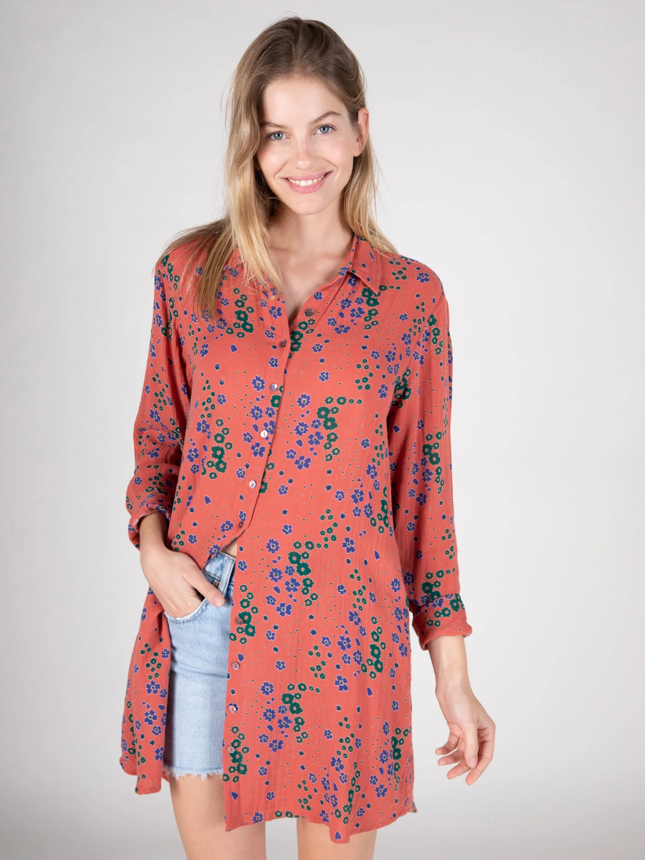 Georgia Cotton Gauze Shirt Dress - Red Green Floral