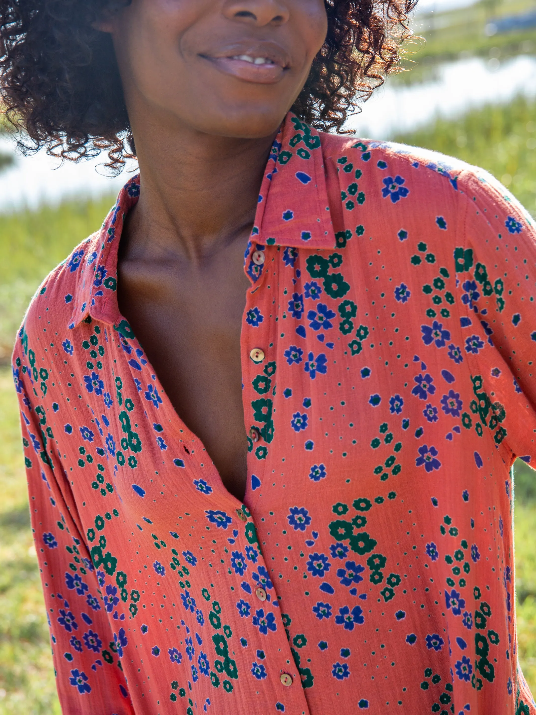 Georgia Cotton Gauze Shirt Dress - Red Green Floral