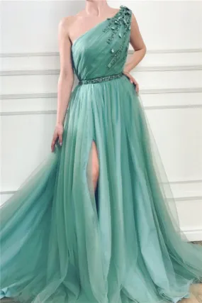 GORGEOUS ONE SHOULDER GREEN TULLE PROM PARTY GOWNS PROM DRESS SA134