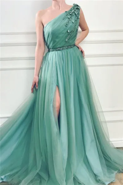 GORGEOUS ONE SHOULDER GREEN TULLE PROM PARTY GOWNS PROM DRESS SA134