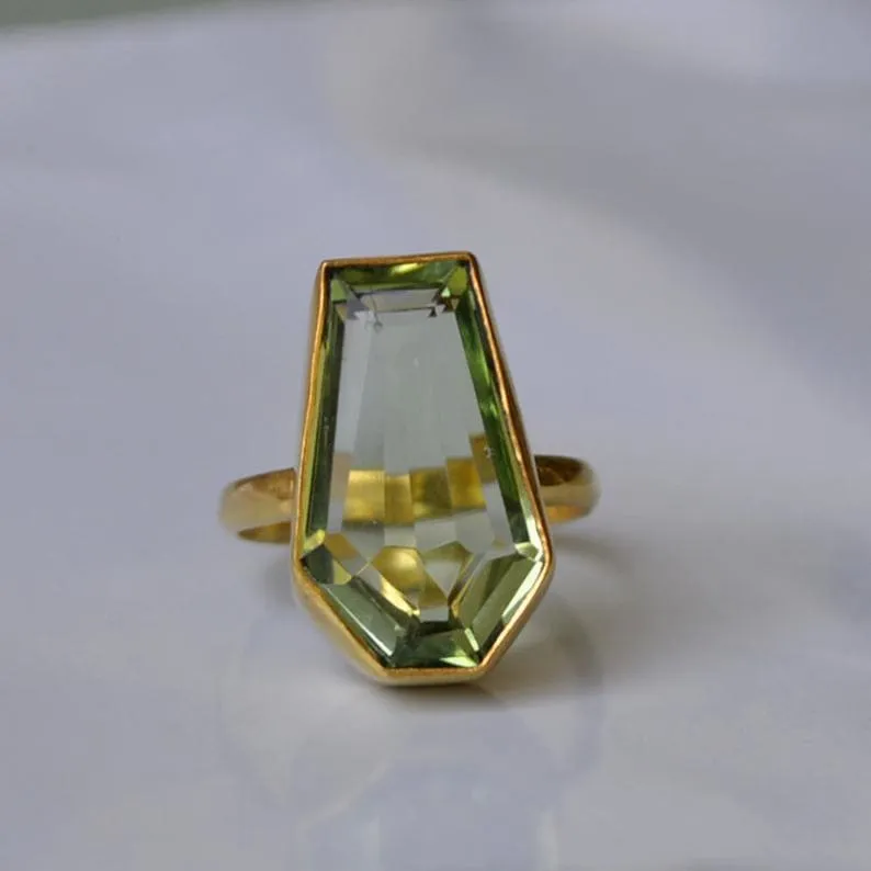 Green Prasiolite Quartz Gemstone Coffin Shape 925 Sterling Silver Ring Jewelry, Handmade Ring Jewelry, Prasiolite Quartz, Nickel Free