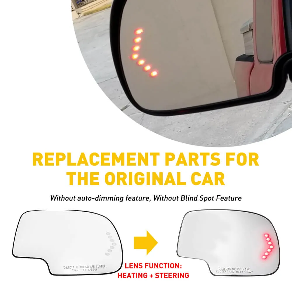 Heated Mirror Glass with Integrated Chevron-Style Turn Signal for 2003-2007 Cadillac, Chevrolet, GMC Models