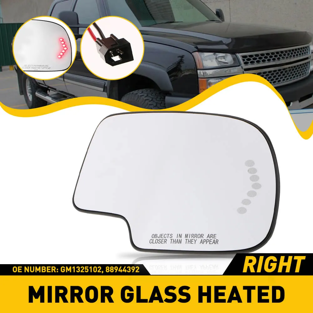 Heated Mirror Glass with Integrated Chevron-Style Turn Signal for 2003-2007 Cadillac, Chevrolet, GMC Models