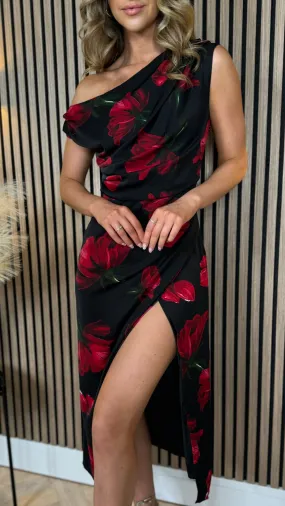 Klara Asymmetric Red Floral Midi Dress