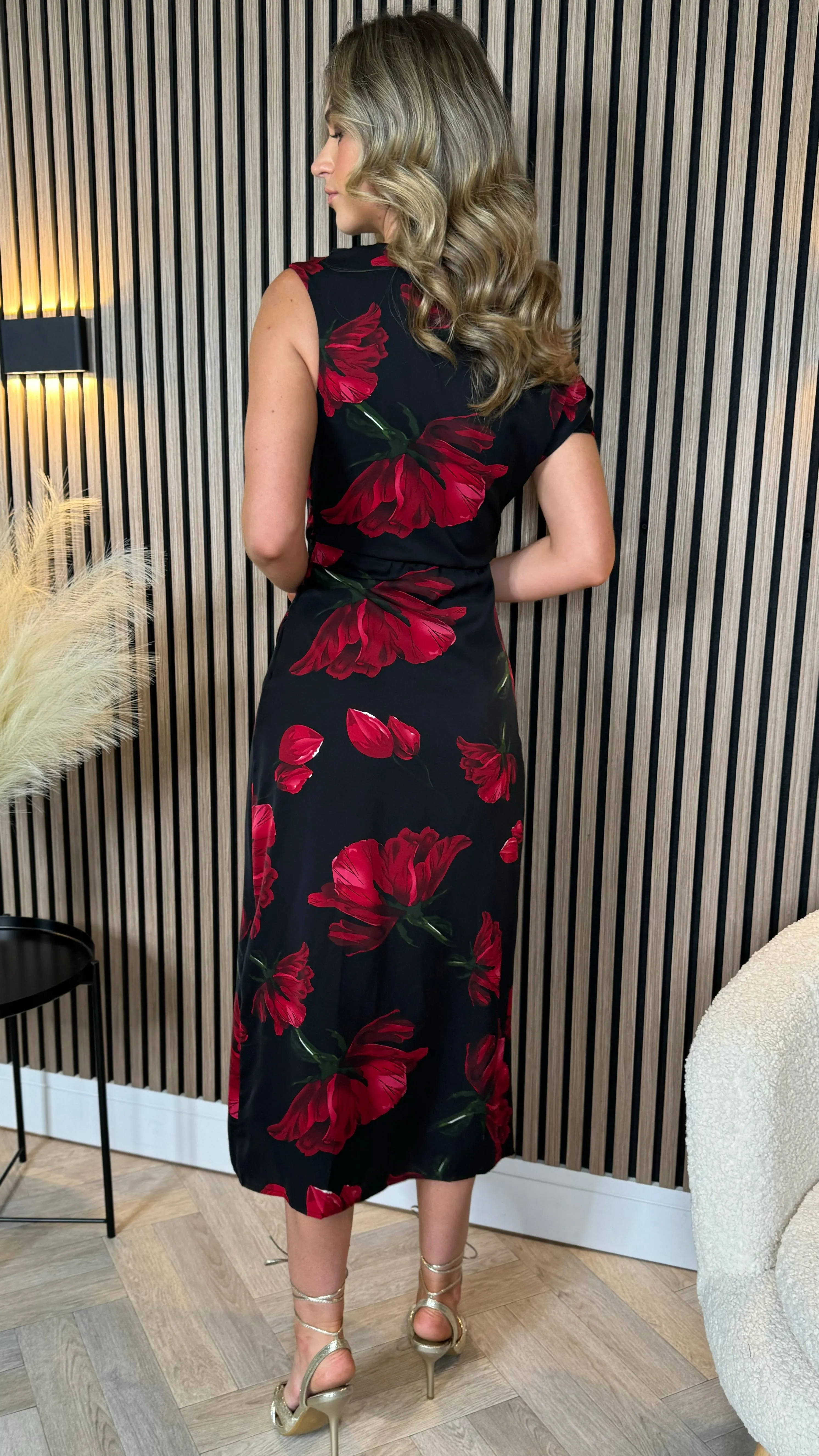 Klara Asymmetric Red Floral Midi Dress