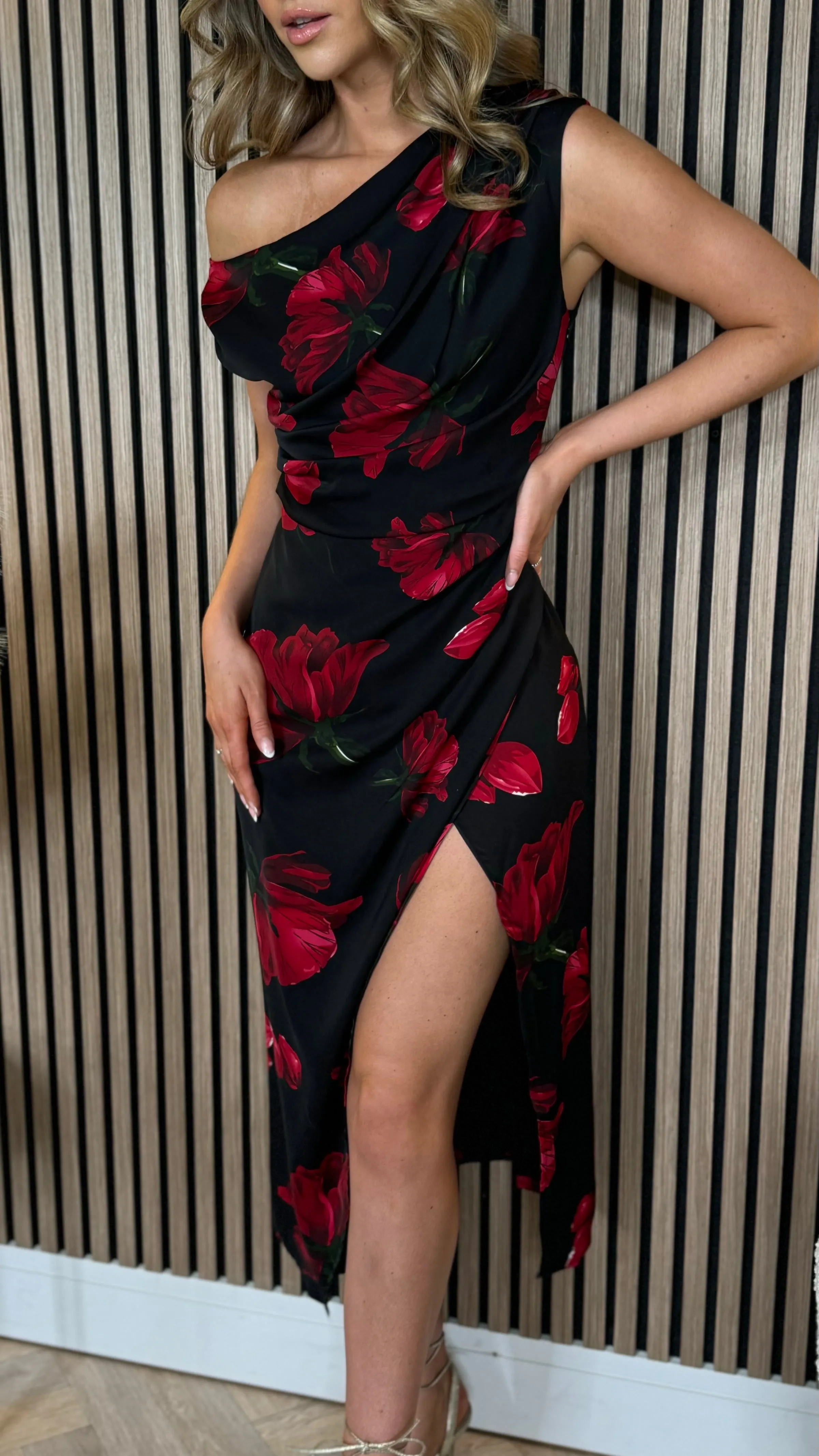 Klara Asymmetric Red Floral Midi Dress