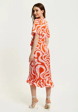 Liquorish Pink And Red Abstract Print Midi Wrap Dress