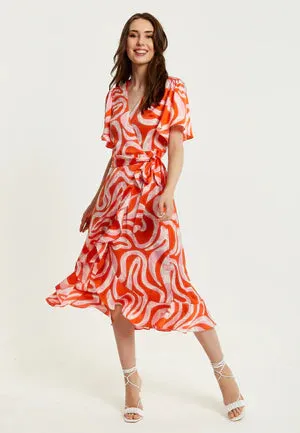 Liquorish Pink And Red Abstract Print Midi Wrap Dress