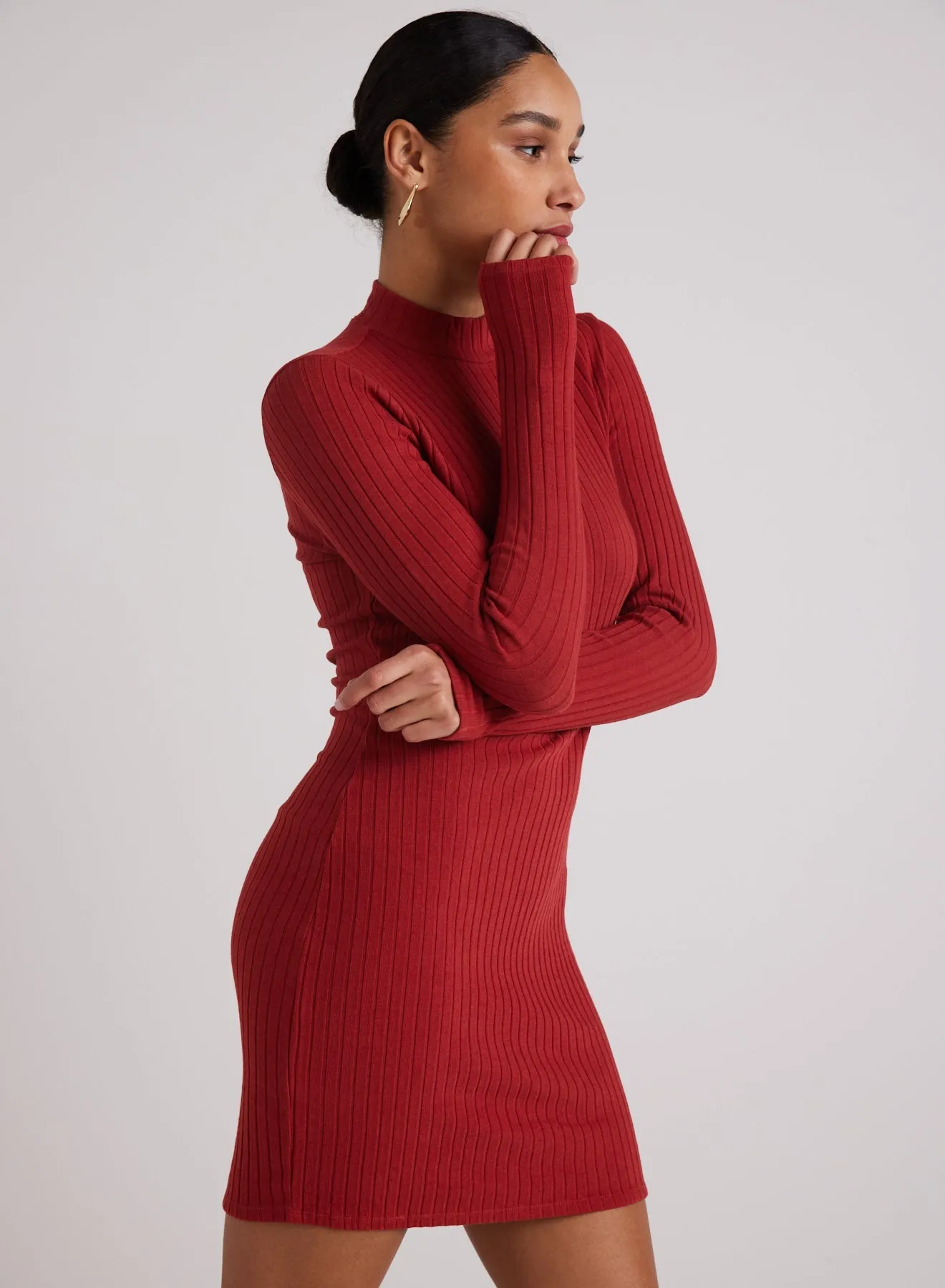 Mini Mock Neck Dress - Red Mahogany